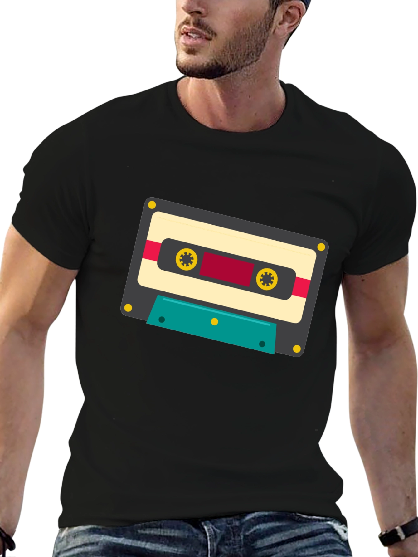 Retro Cassette Tape Graphic Tee - Black Cotton Blend