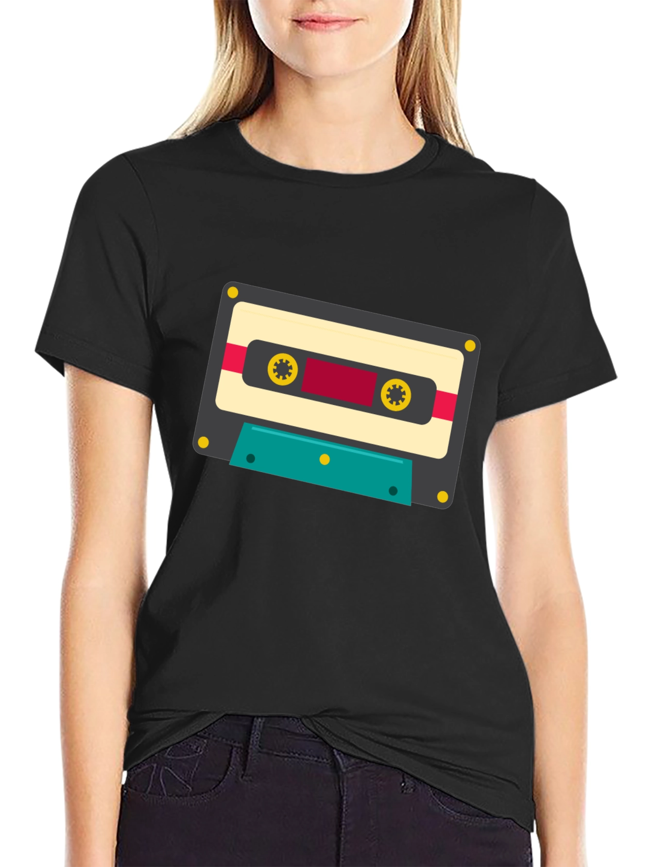 Retro Cassette Tape Graphic Tee - Black Cotton Blend