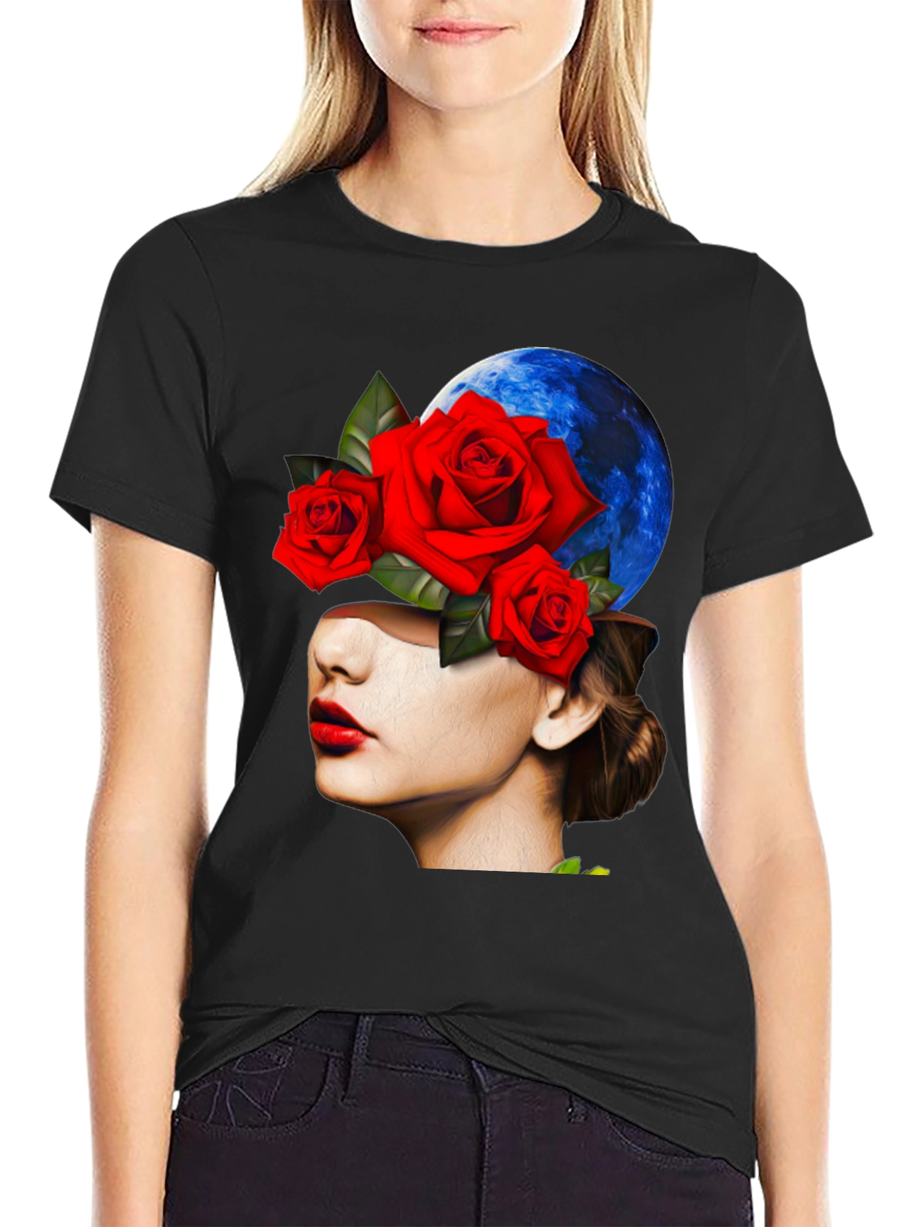 Floral Woman Graphic Black T-Shirt