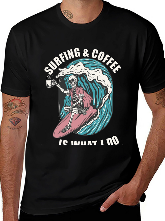 Surfing & Coffee Skeleton Graphic Tee - Cool & Unique!