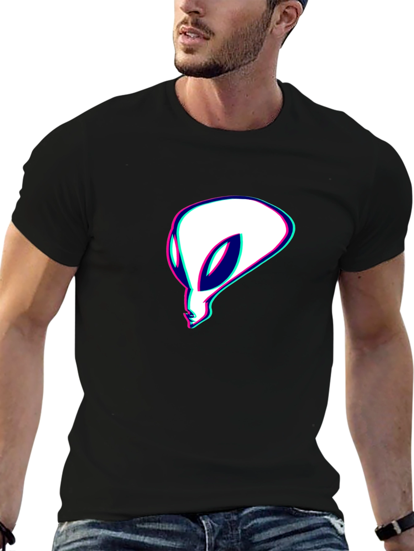 Alien Head Graphic Tee - Black Cotton T-Shirt