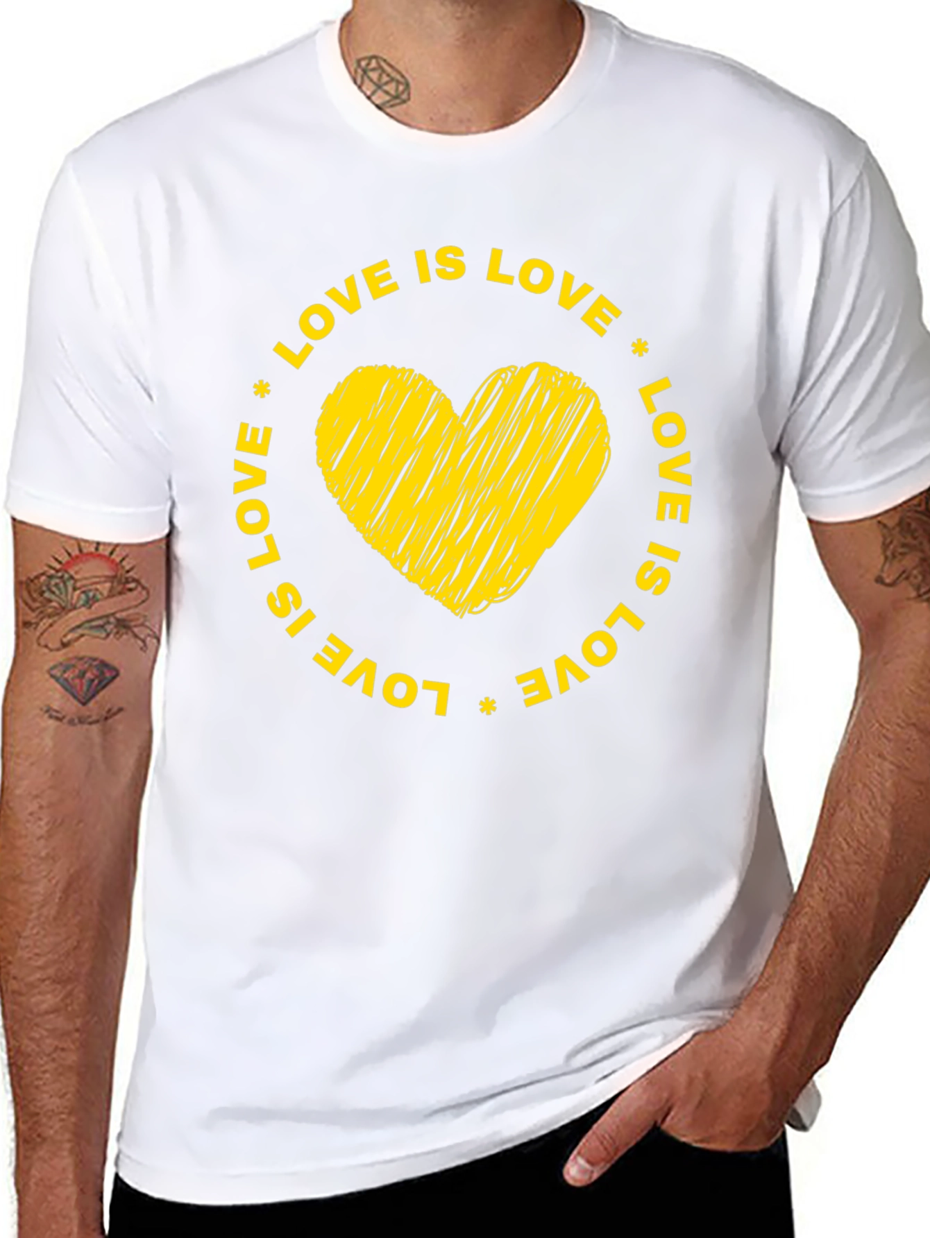 Love is Love Black T-Shirt with Yellow Heart Graphic