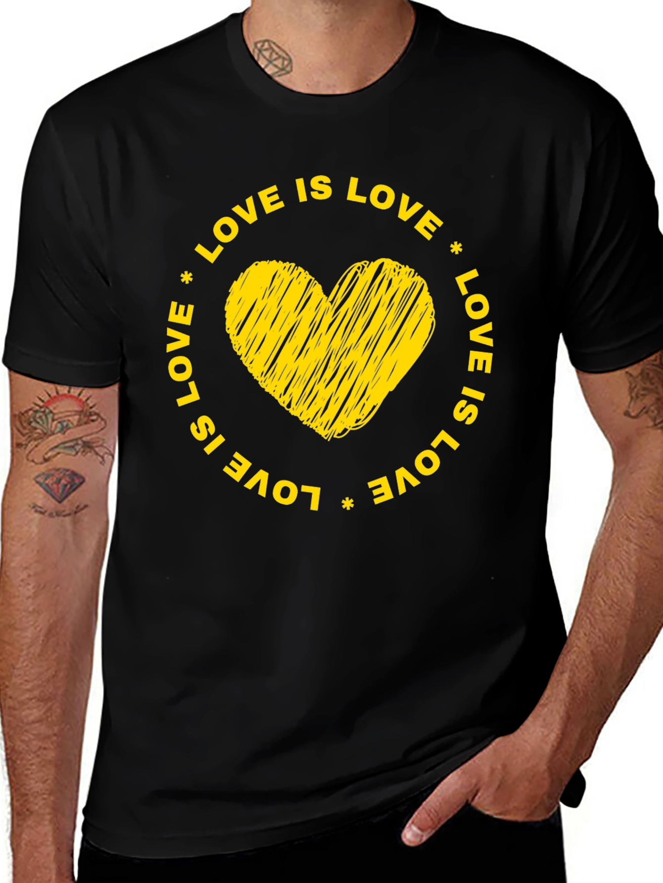 Love is Love Black T-Shirt with Yellow Heart Graphic