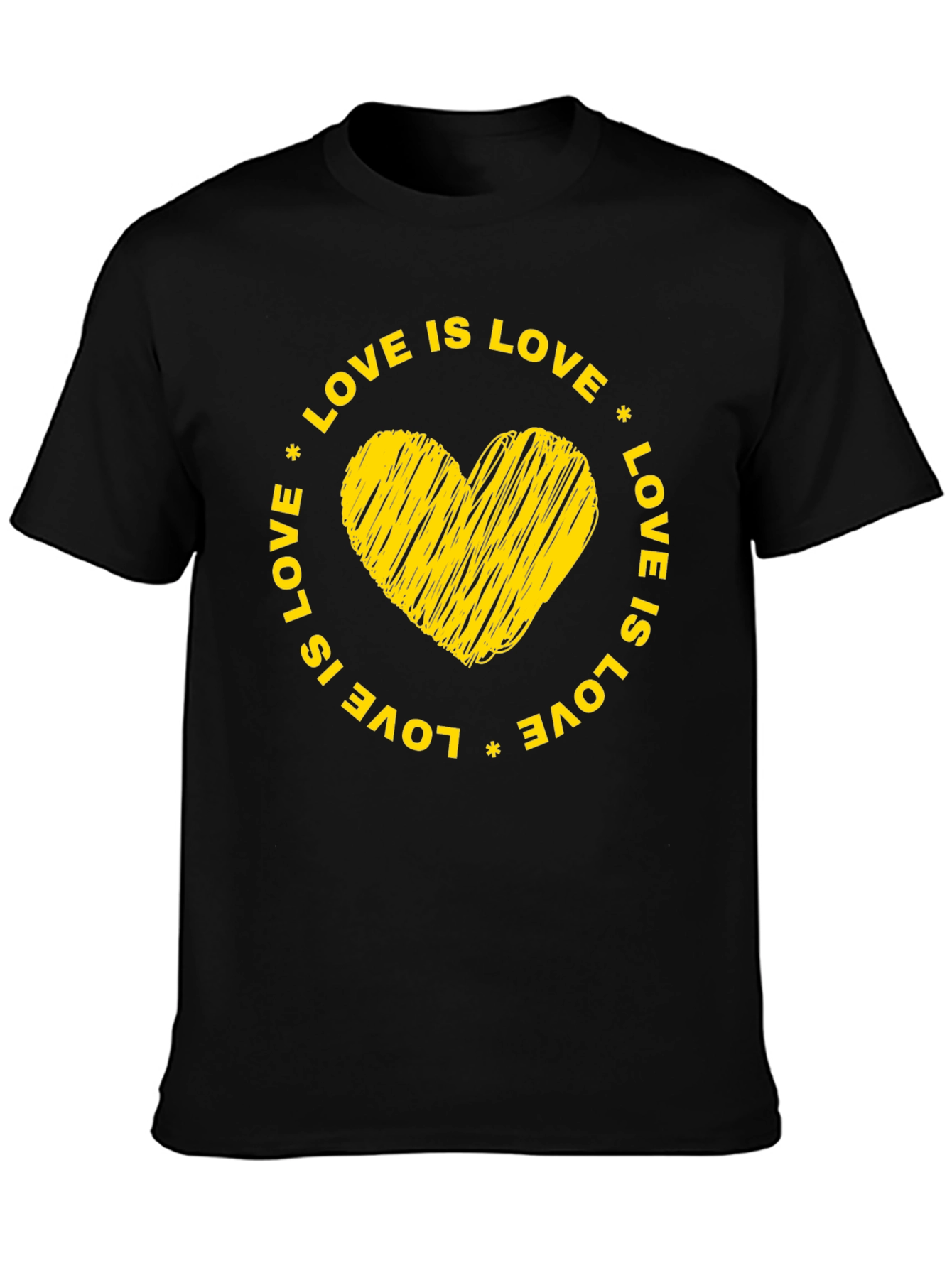 Love is Love Black T-Shirt with Yellow Heart Graphic