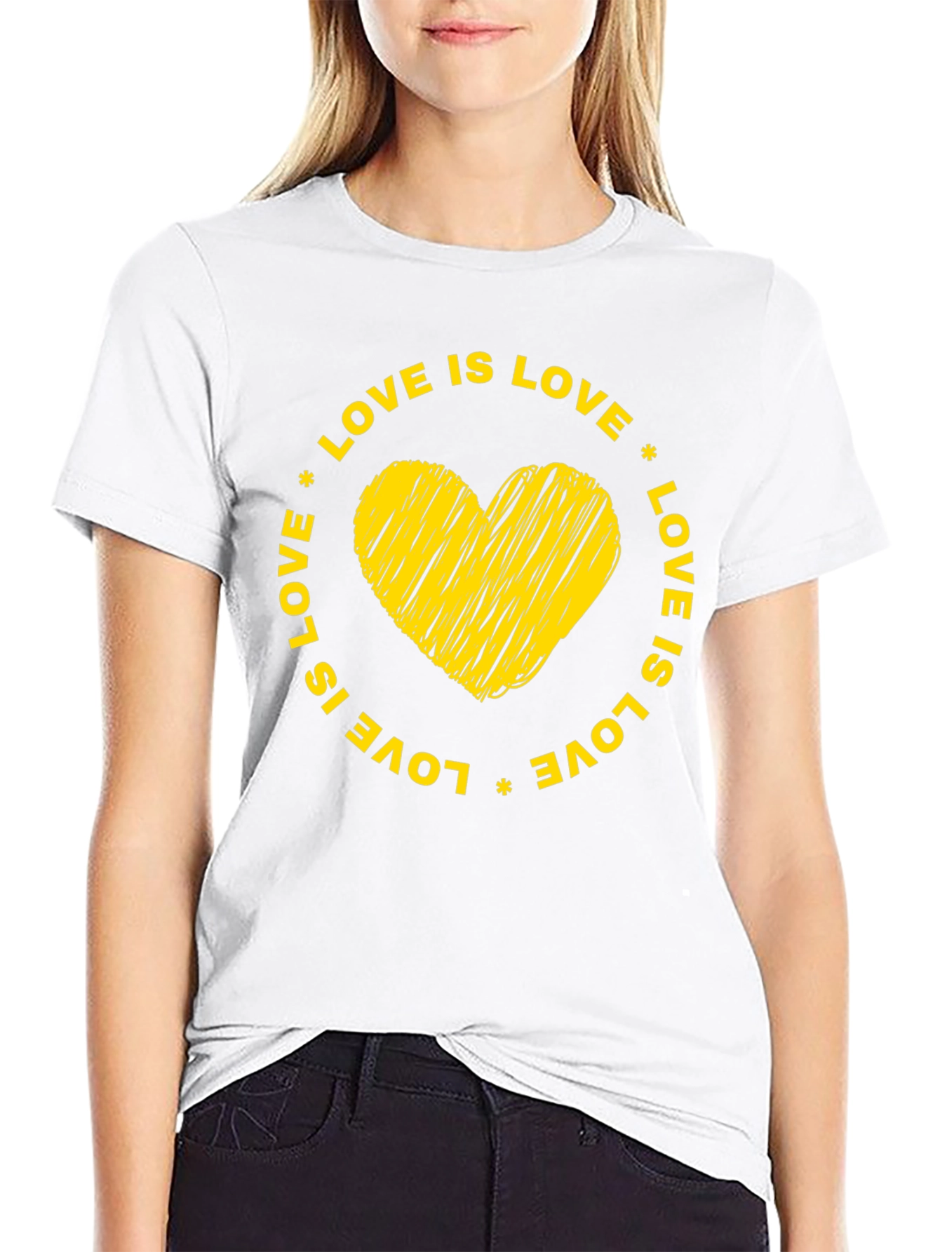 Love is Love Black T-Shirt with Yellow Heart Graphic