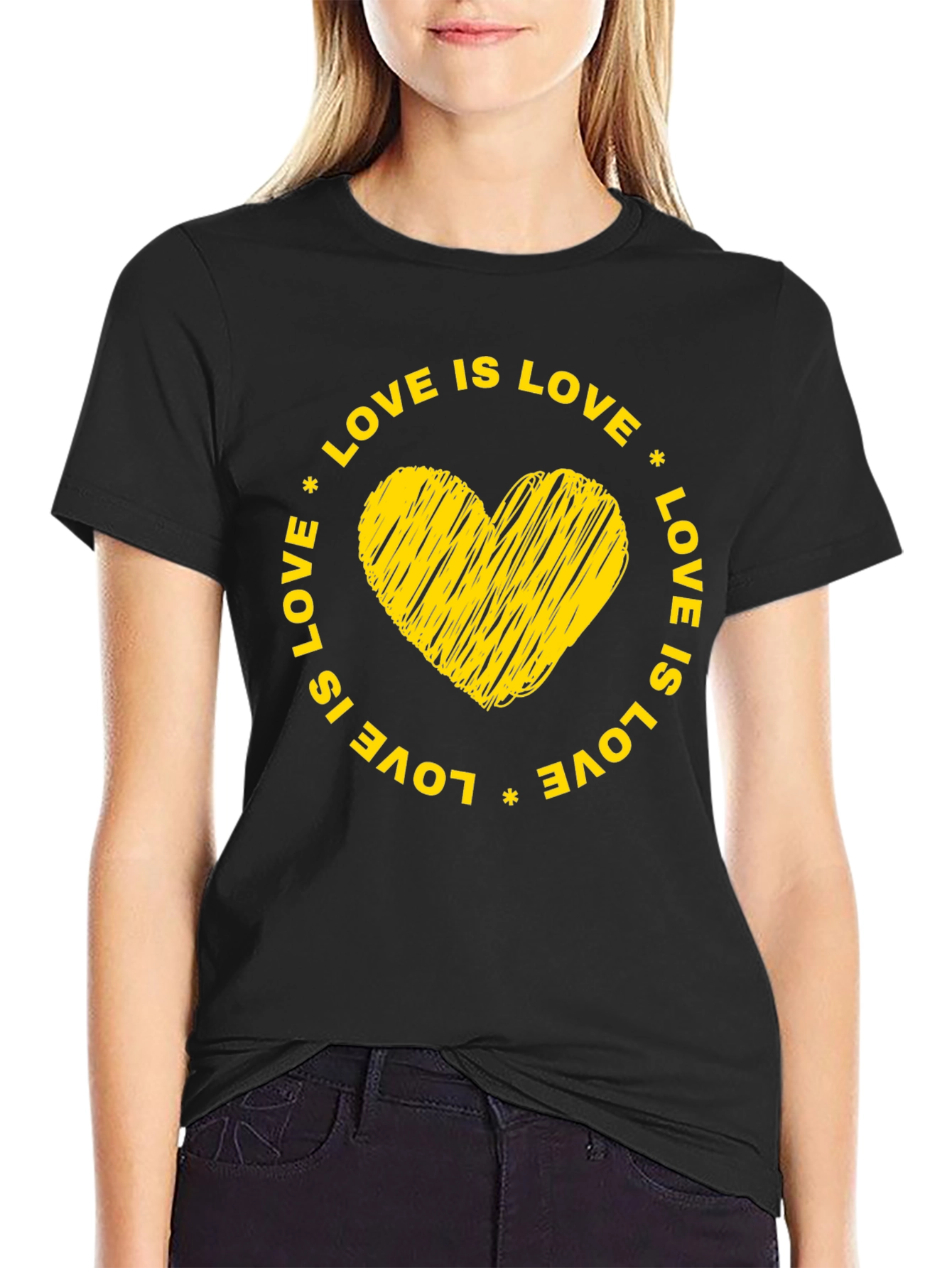 Love is Love Black T-Shirt with Yellow Heart Graphic