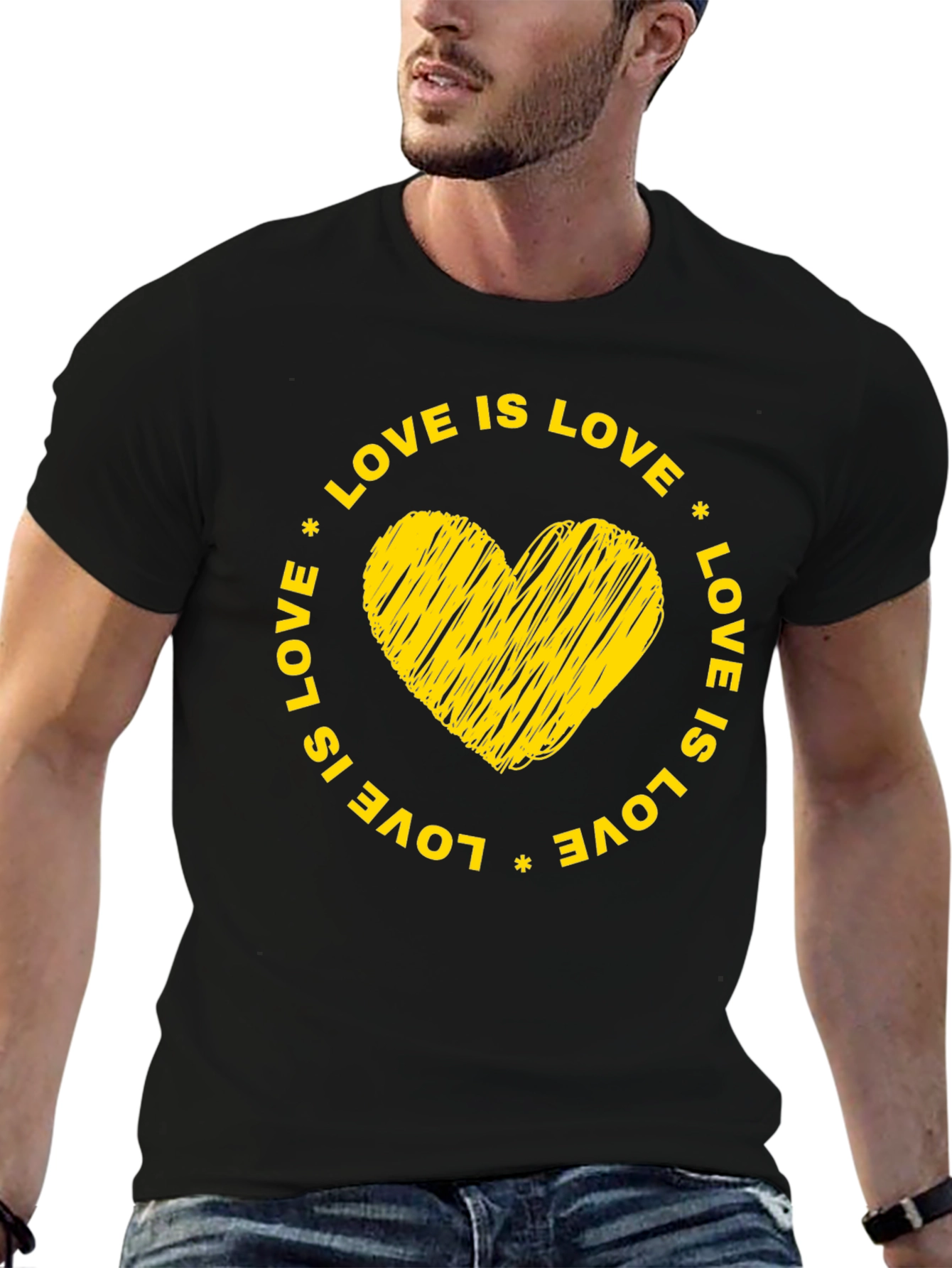 Love is Love Black T-Shirt with Yellow Heart Graphic