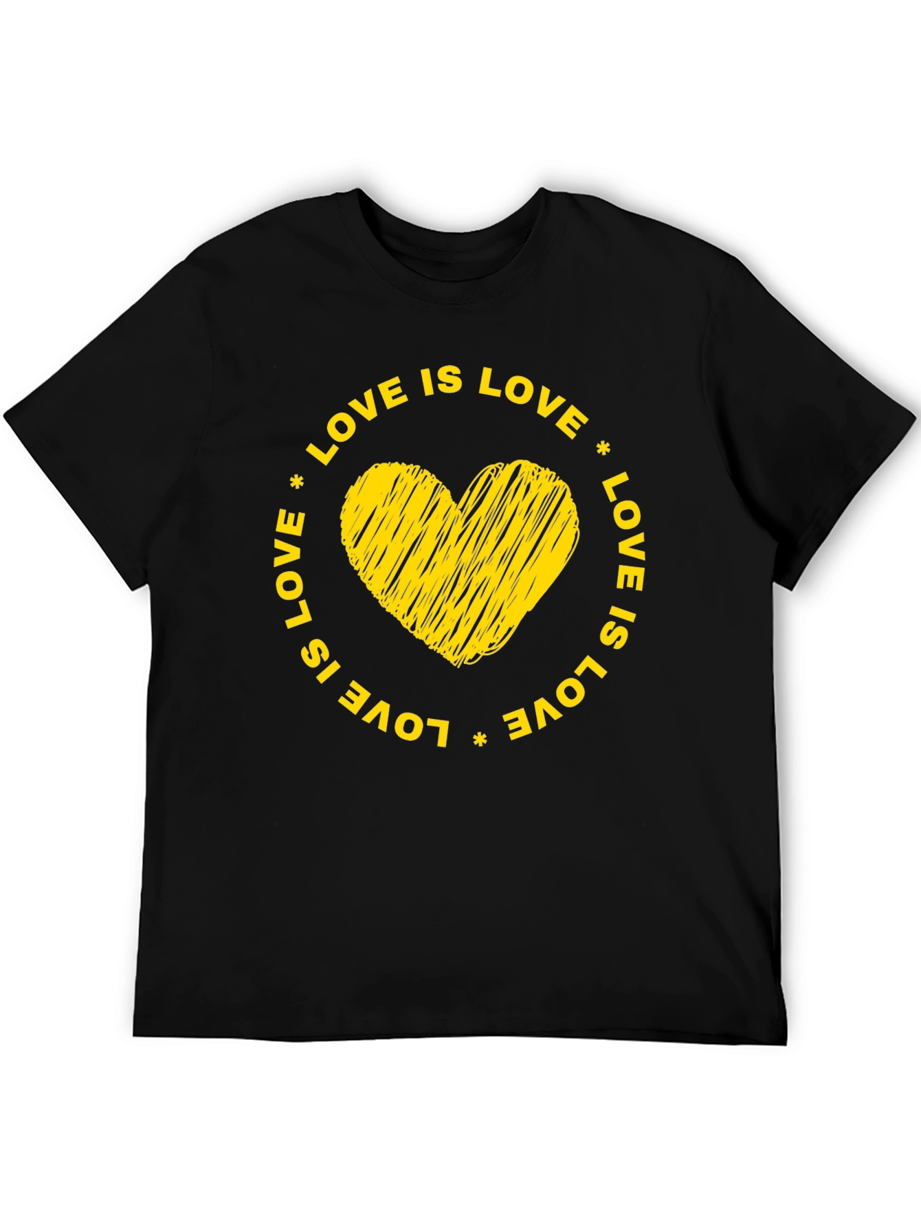 Love is Love Black T-Shirt with Yellow Heart Graphic