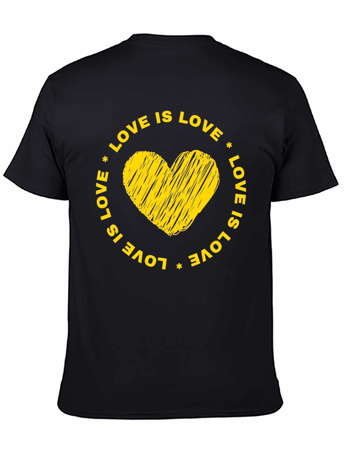 Love is Love Black T-Shirt with Yellow Heart Graphic