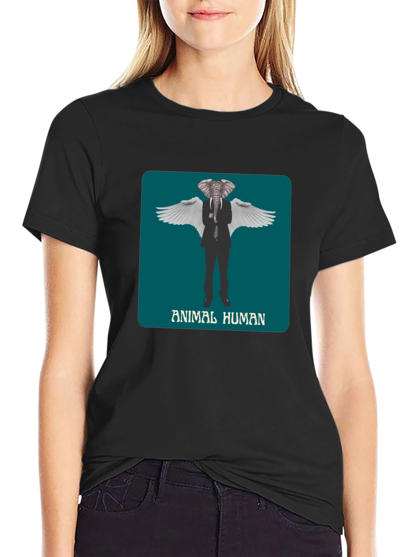 Animal Human Graphic Print Black T-Shirt