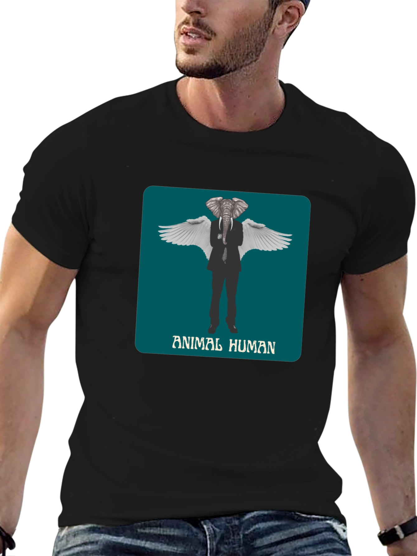 Animal Human Graphic Print Black T-Shirt