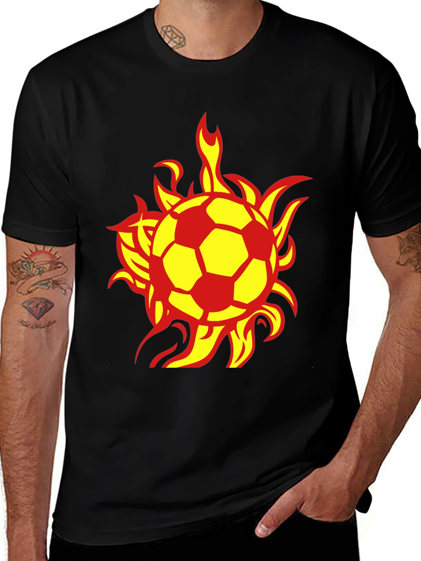 Flaming Soccer Ball Graphic Tee - Black Cotton T-Shirt