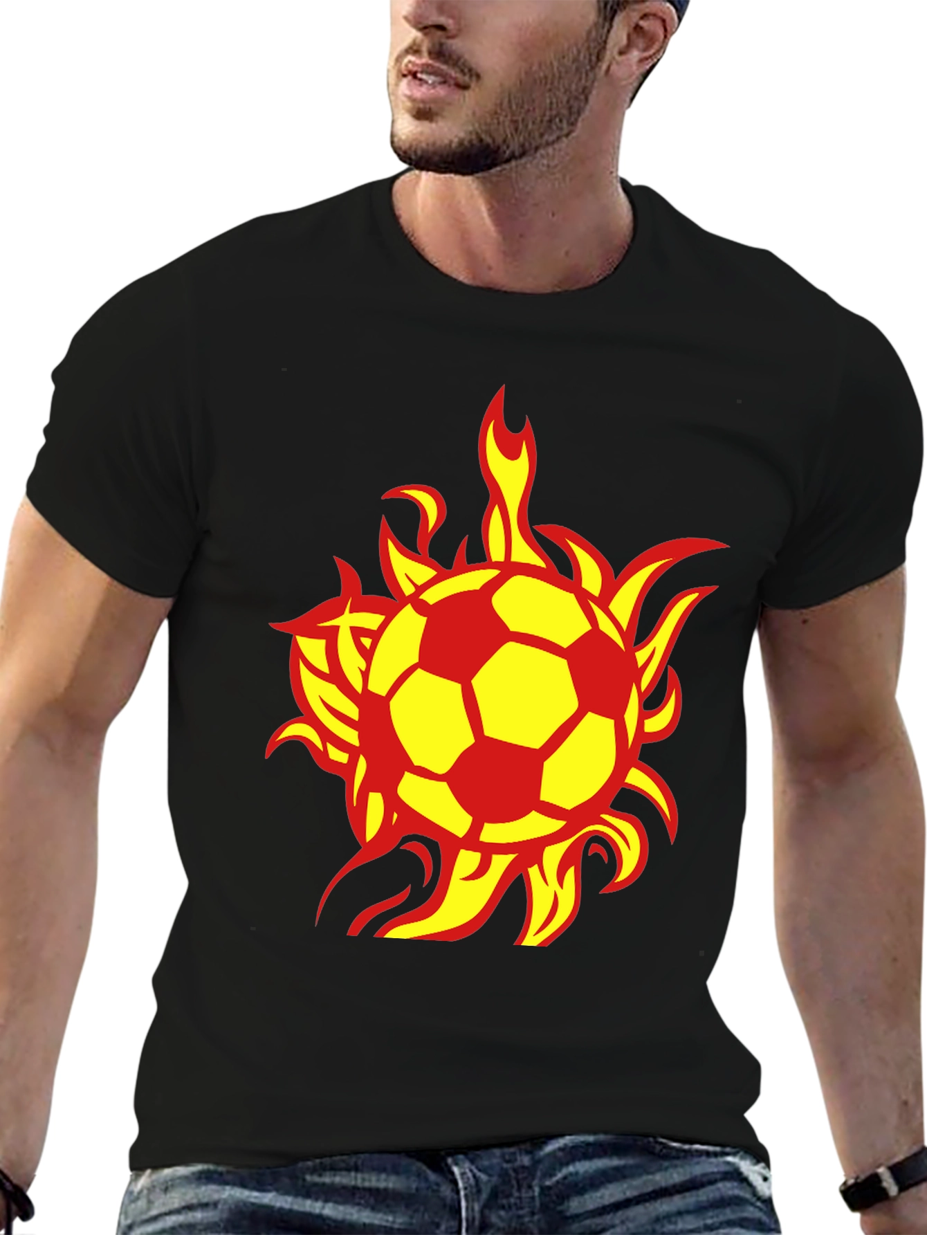 Flaming Soccer Ball Graphic Tee - Black Cotton T-Shirt