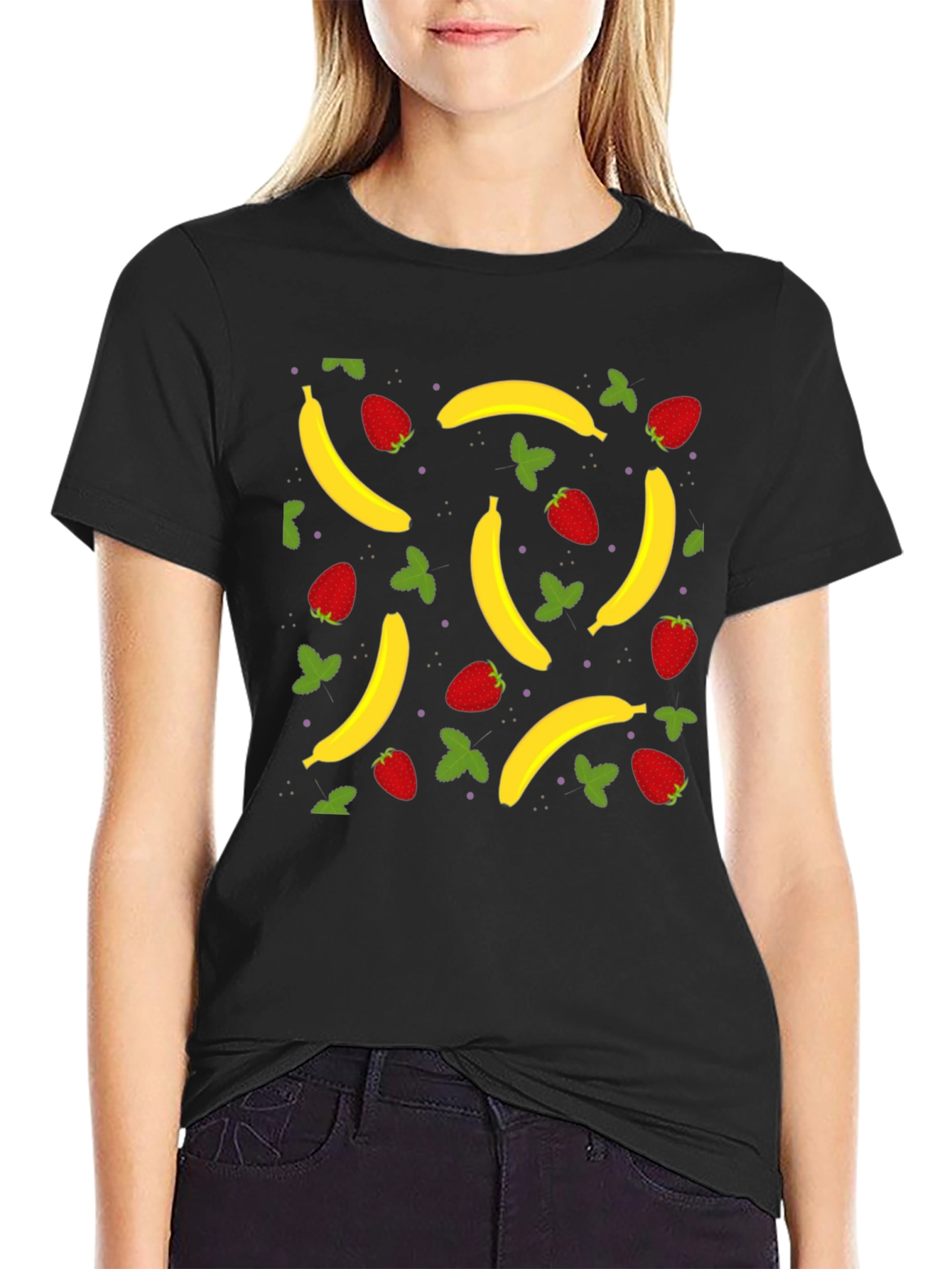 Banana Strawberry Pattern Black T-Shirt