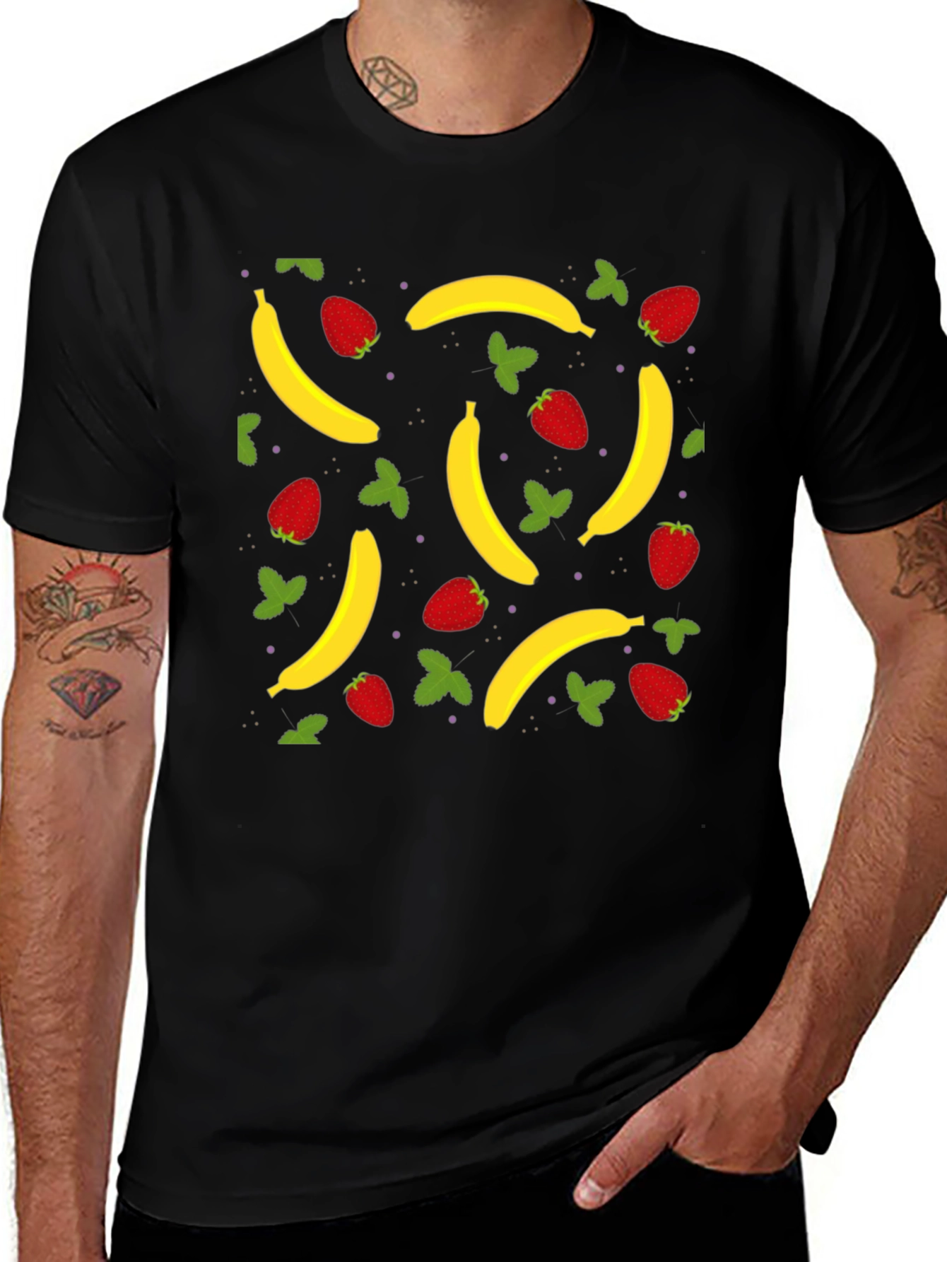 Banana Strawberry Pattern Black T-Shirt
