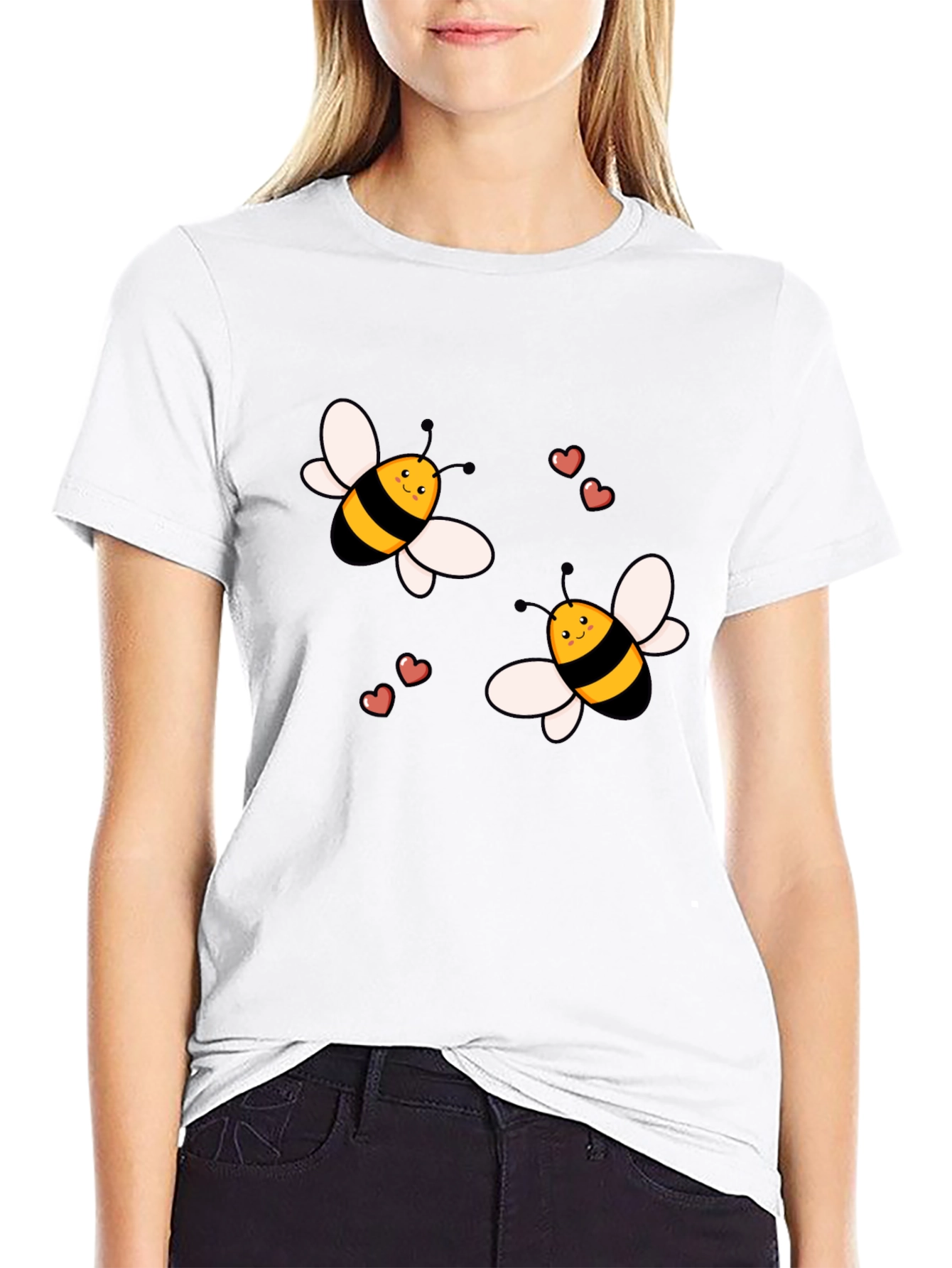 Cute Cartoon Bee T-Shirt Black Cotton Crew Neck