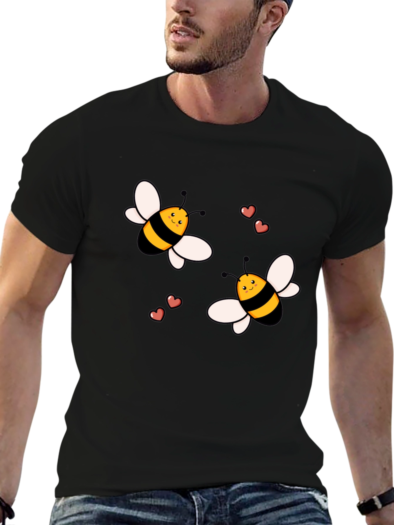 Cute Cartoon Bee T-Shirt Black Cotton Crew Neck