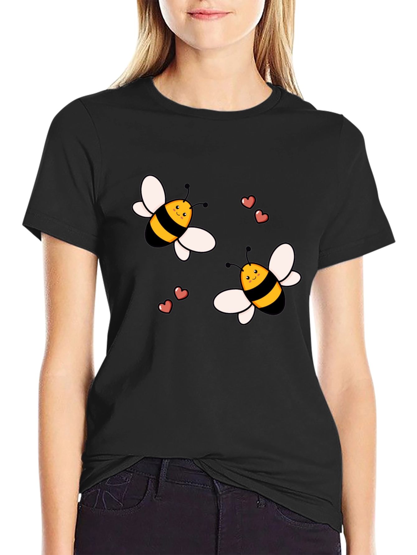 Cute Cartoon Bee T-Shirt Black Cotton Crew Neck