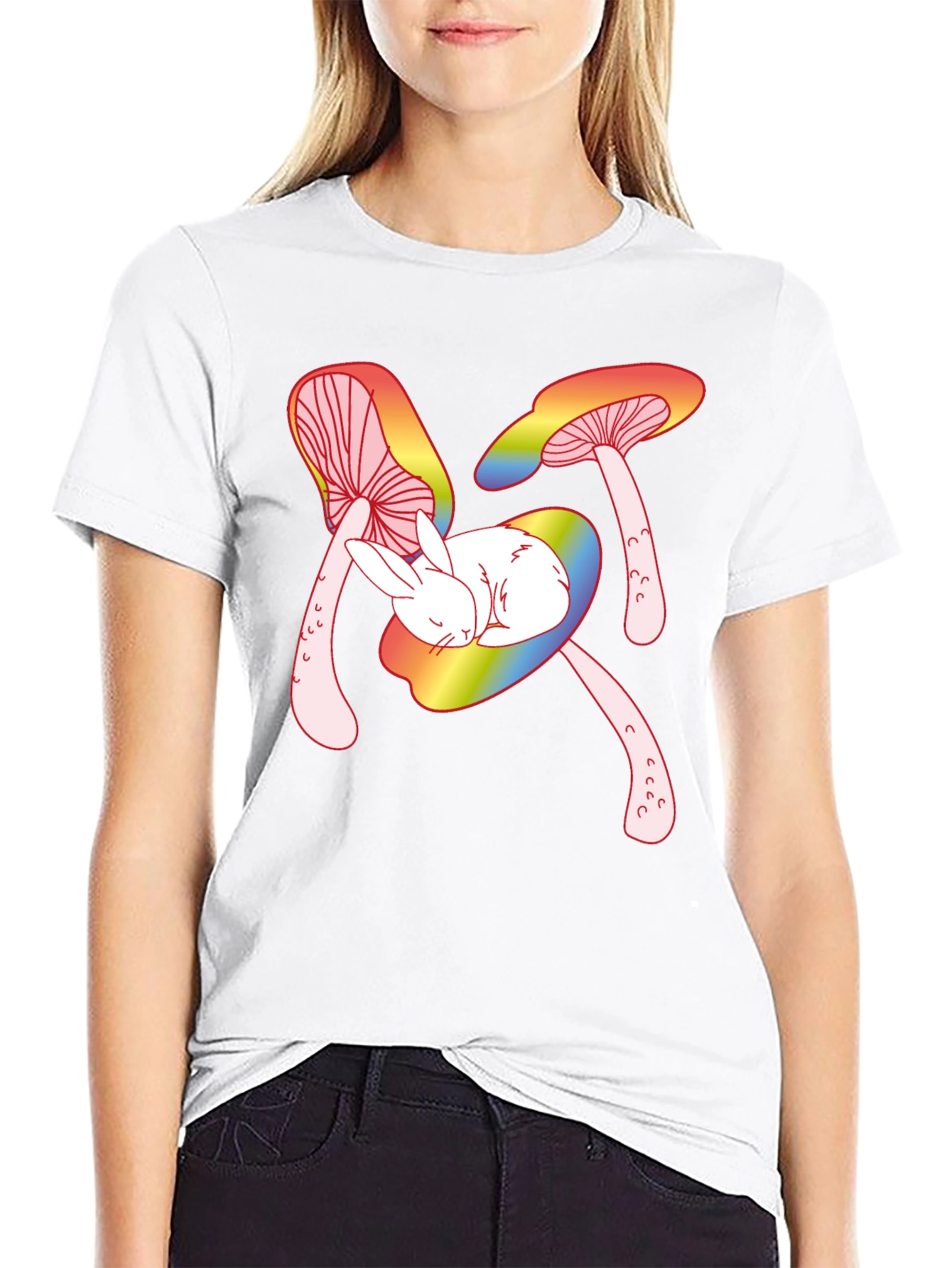 Mushroom Bunny Graphic Tee - Black Cotton T-Shirt