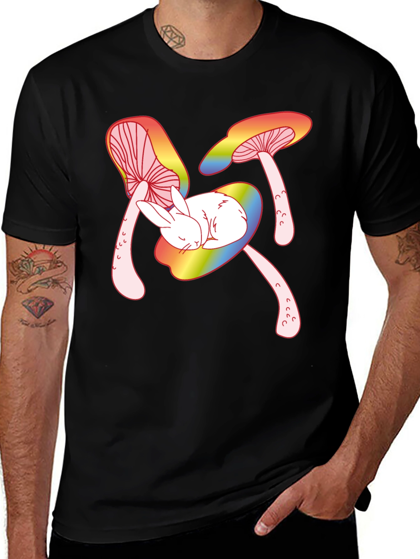 Mushroom Bunny Graphic Tee - Black Cotton T-Shirt