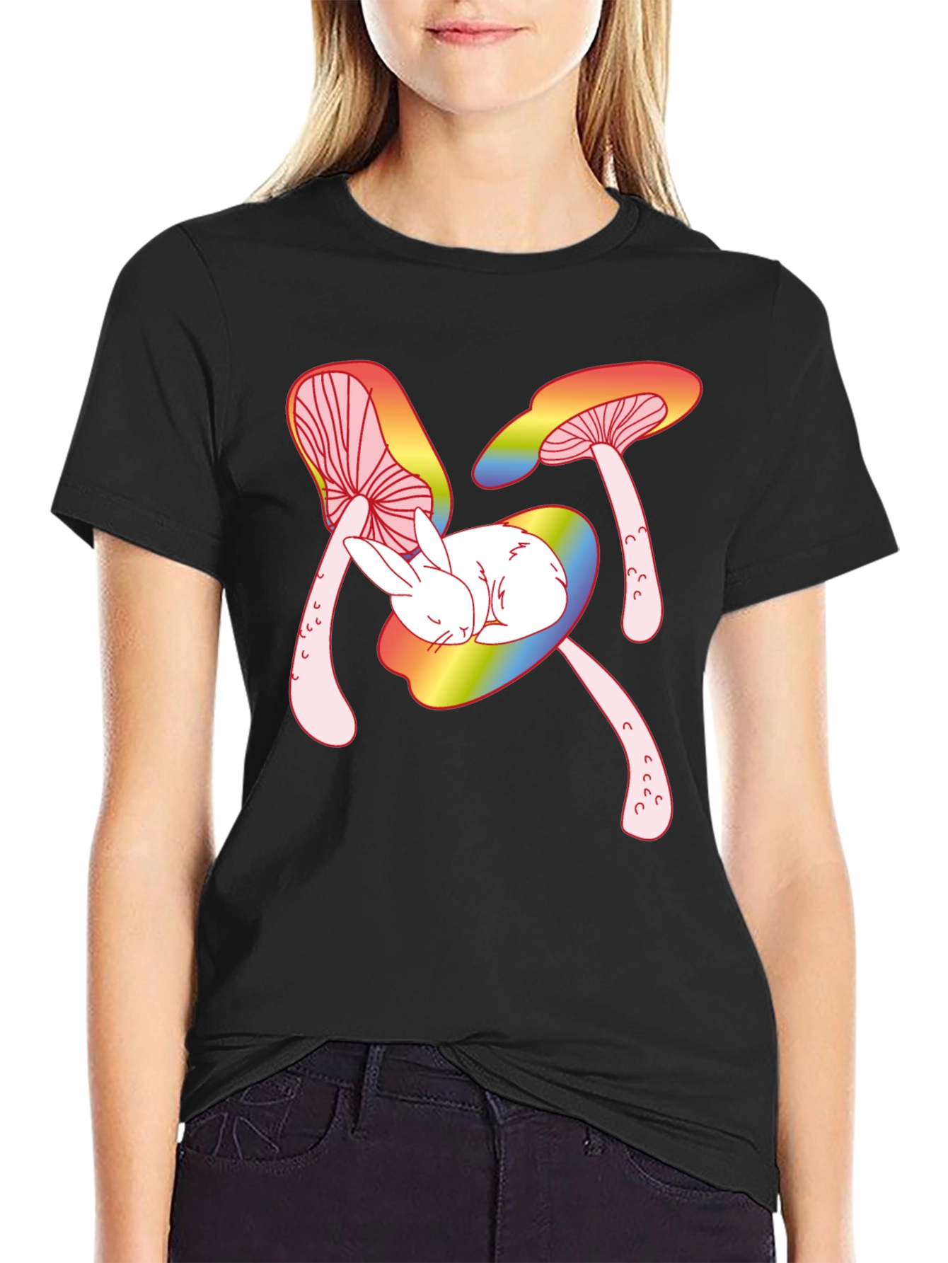 Mushroom Bunny Graphic Tee - Black Cotton T-Shirt