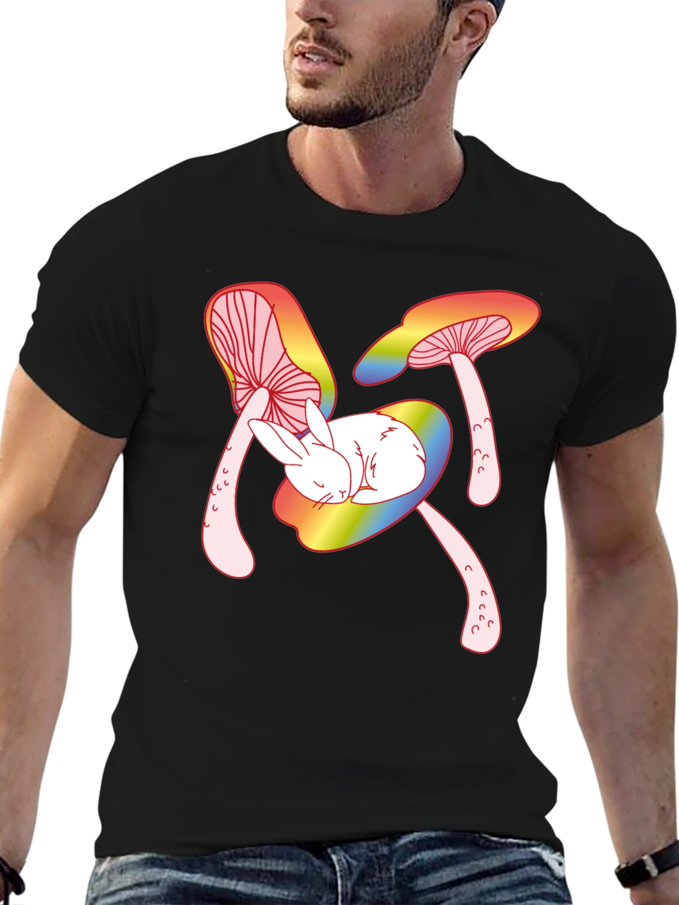 Mushroom Bunny Graphic Tee - Black Cotton T-Shirt