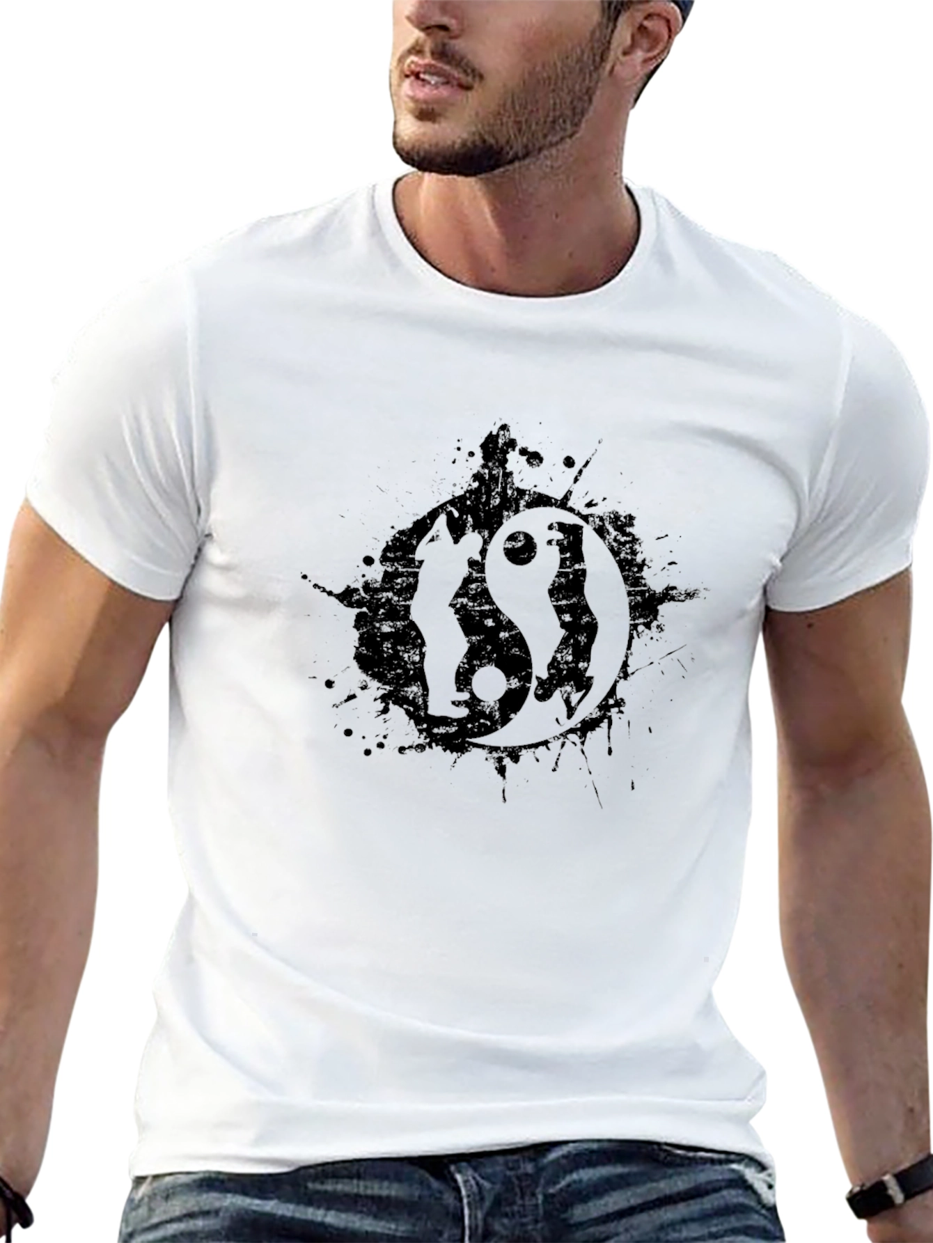 Yin Yang Wolf Graphic T-Shirt - Stylish Black Tee