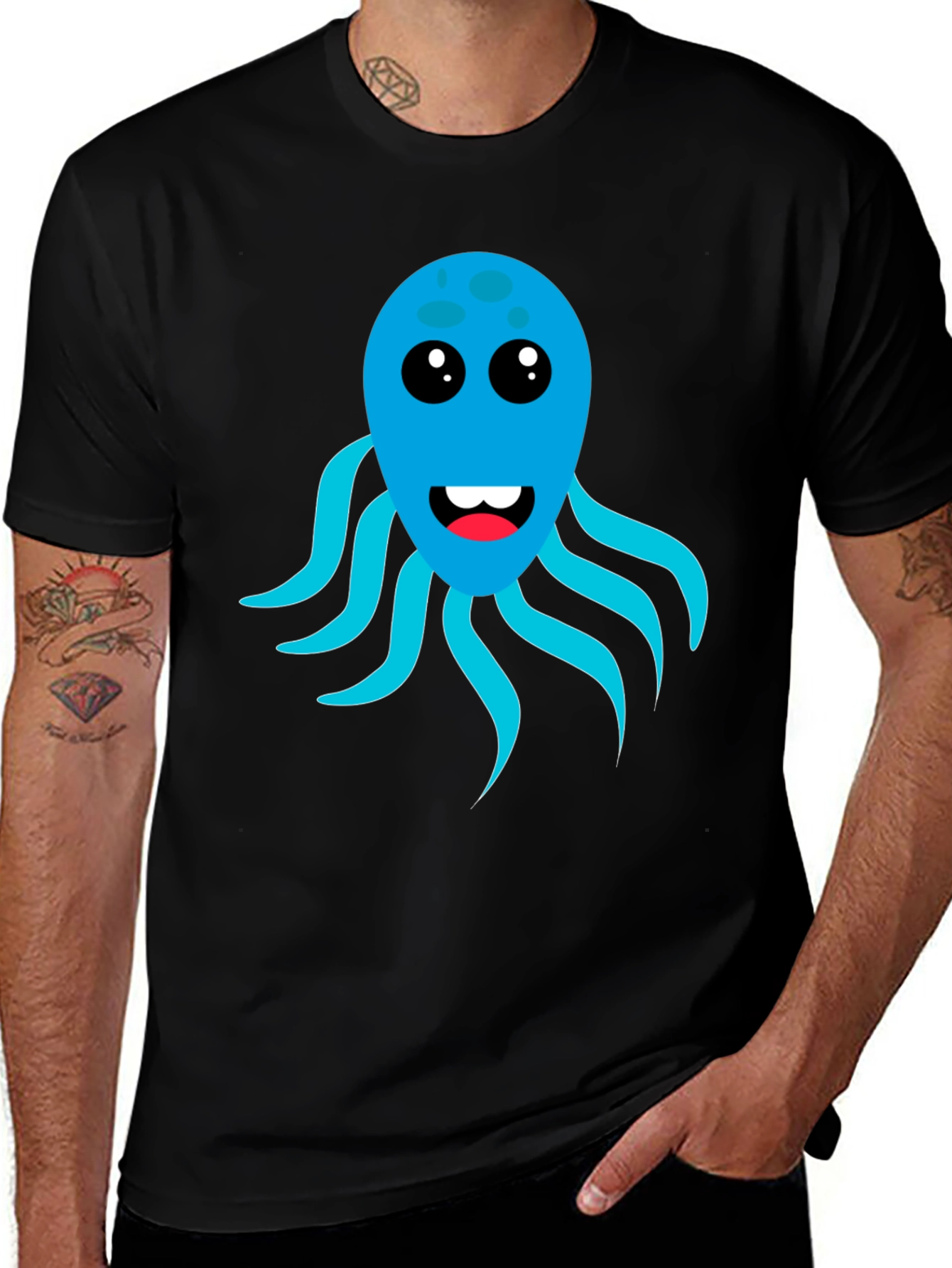 Cute Octopus Graphic Tee - Black Cotton Blend T-Shirt