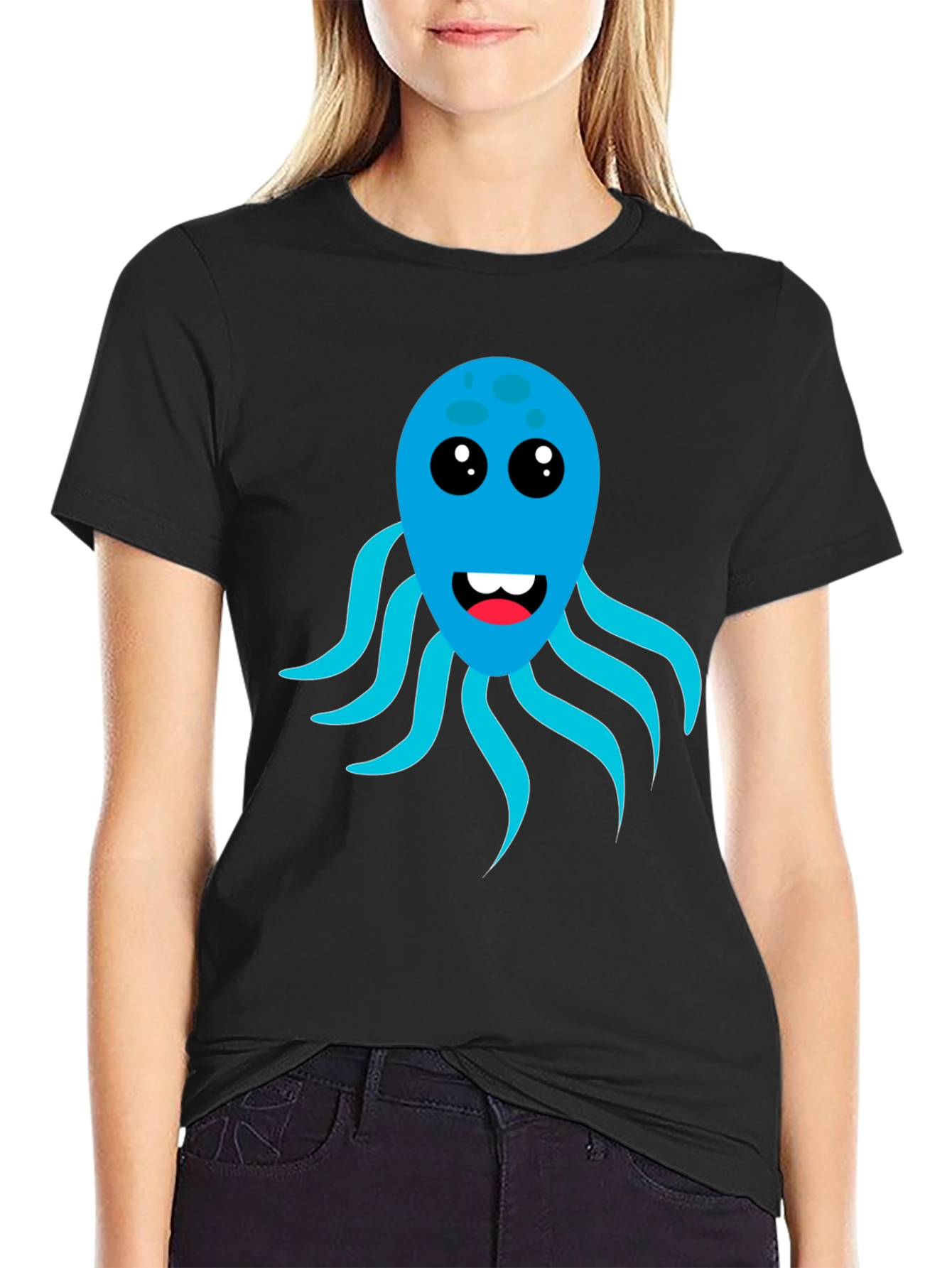 Cute Octopus Graphic Tee - Black Cotton Blend T-Shirt