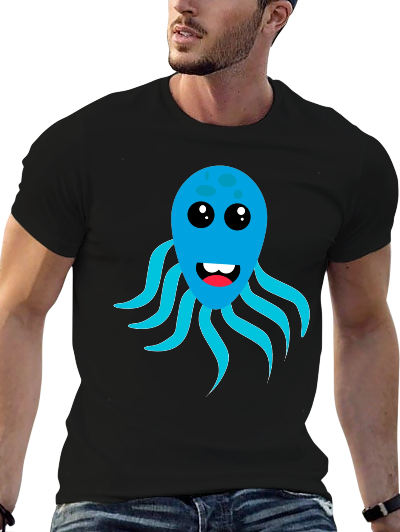 Cute Octopus Graphic Tee - Black Cotton Blend T-Shirt