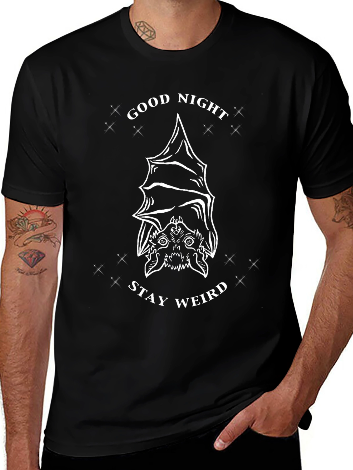 Good Night Stay Weird Bat Graphic Tee - Black
