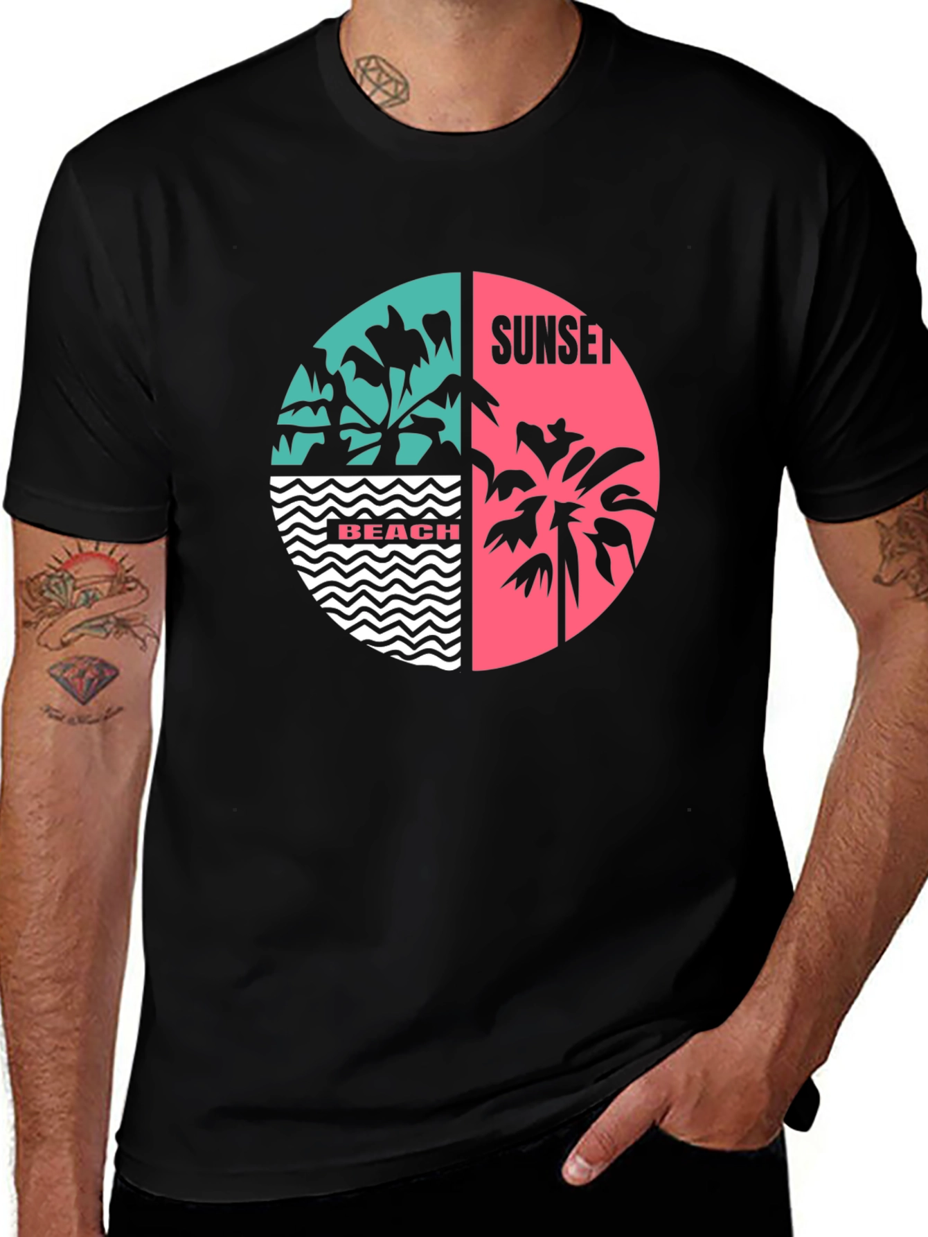 Retro Beach Sunset Graphic T-Shirt - Black