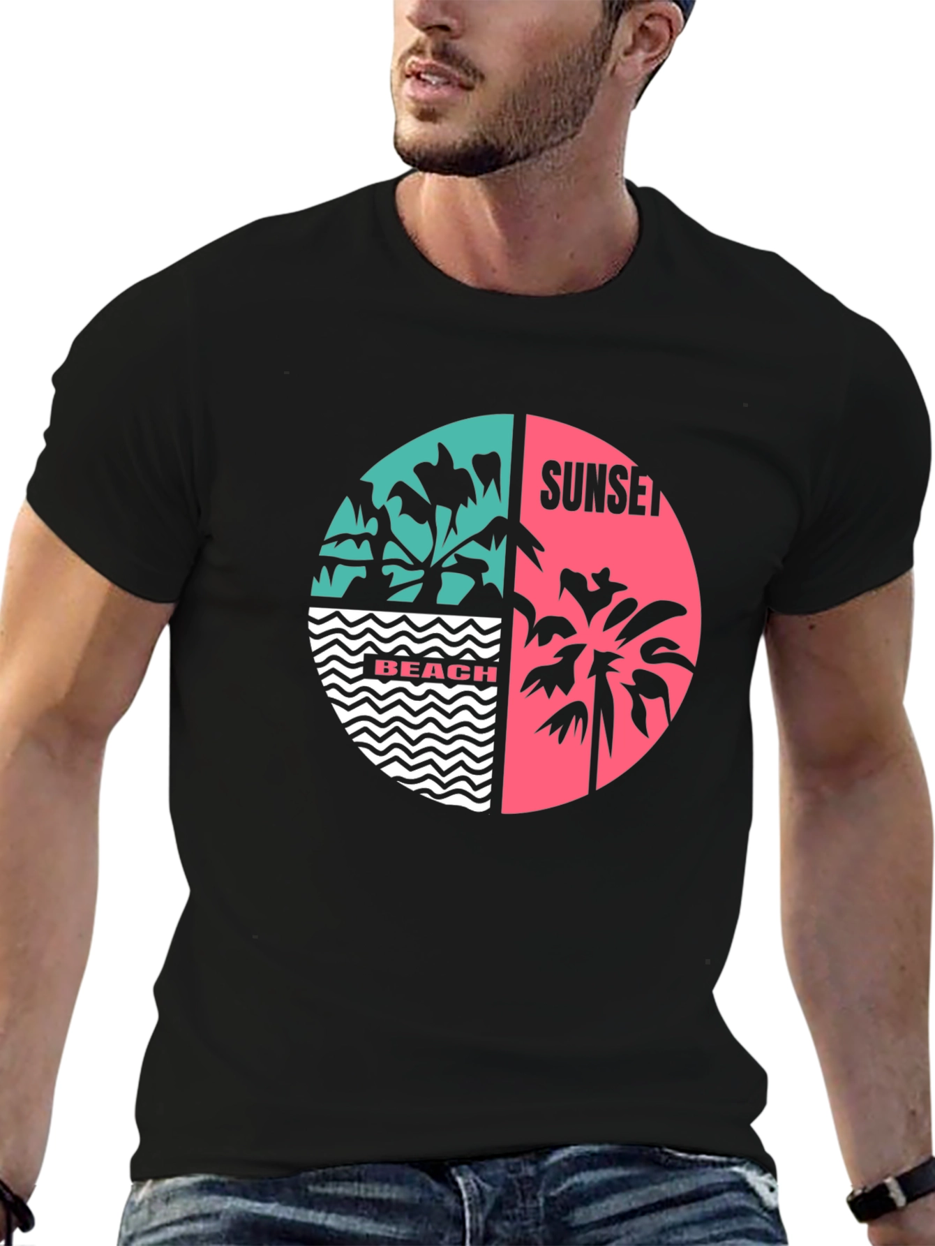 Retro Beach Sunset Graphic T-Shirt - Black