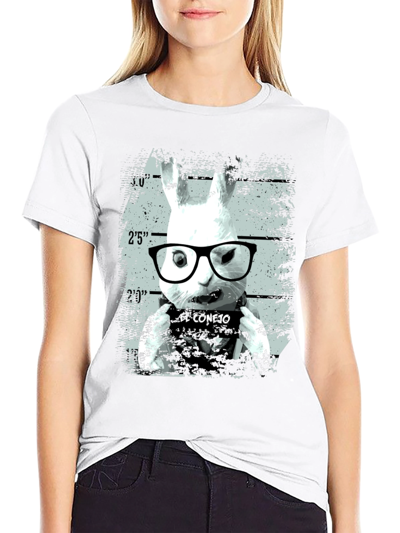 Funny Rabbit Mugshot Graphic Tee - Black
