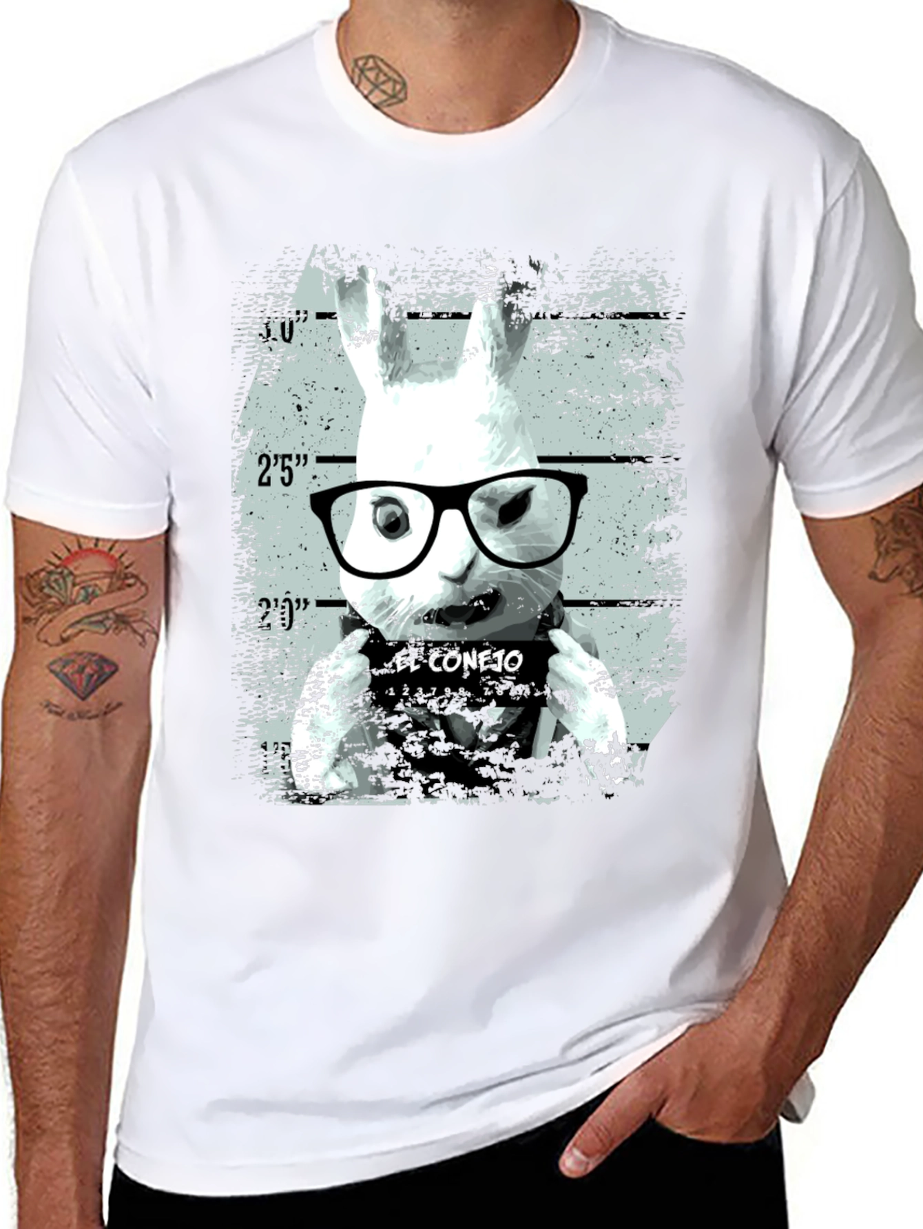 Funny Rabbit Mugshot Graphic Tee - Black