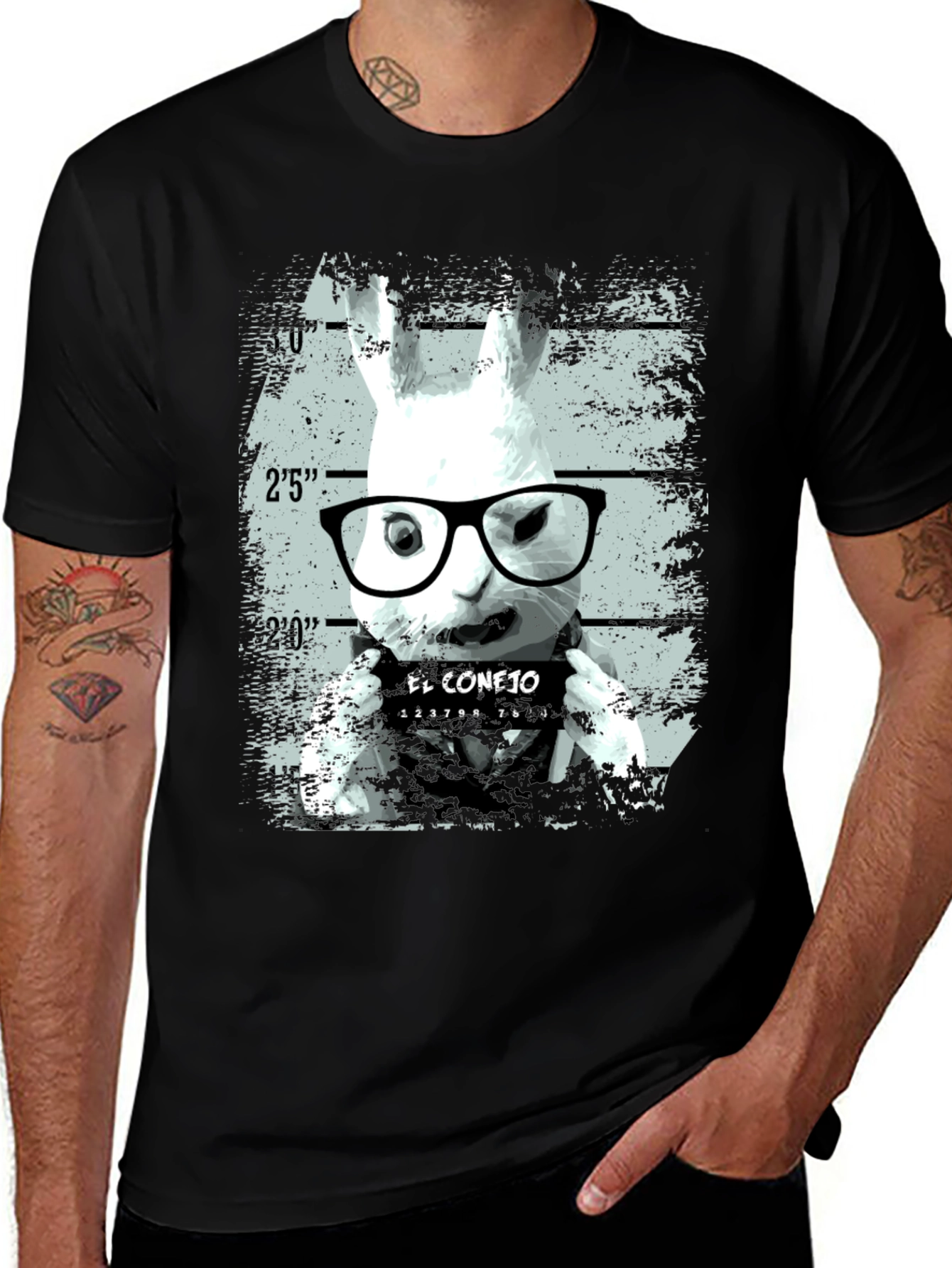 Funny Rabbit Mugshot Graphic Tee - Black