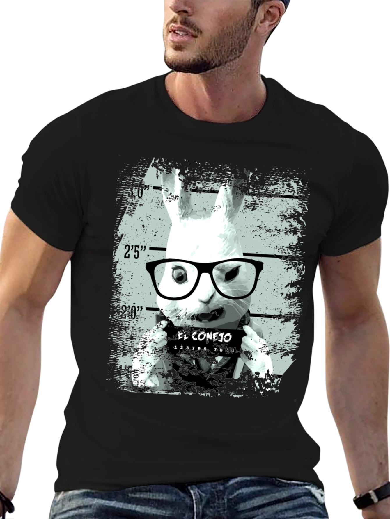 Funny Rabbit Mugshot Graphic Tee - Black