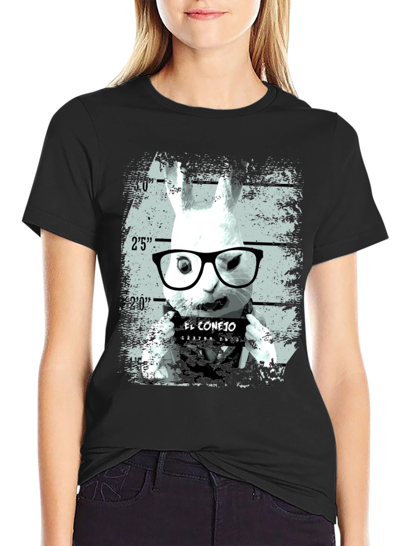 Funny Rabbit Mugshot Graphic Tee - Black