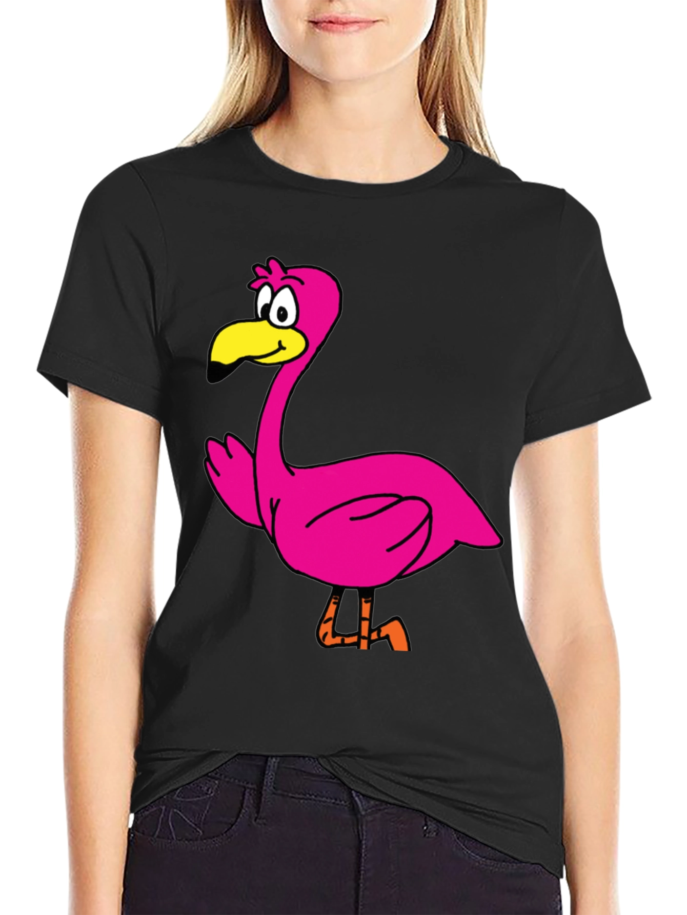 Cartoon Flamingo Graphic Tee - Black Unisex T-Shirt