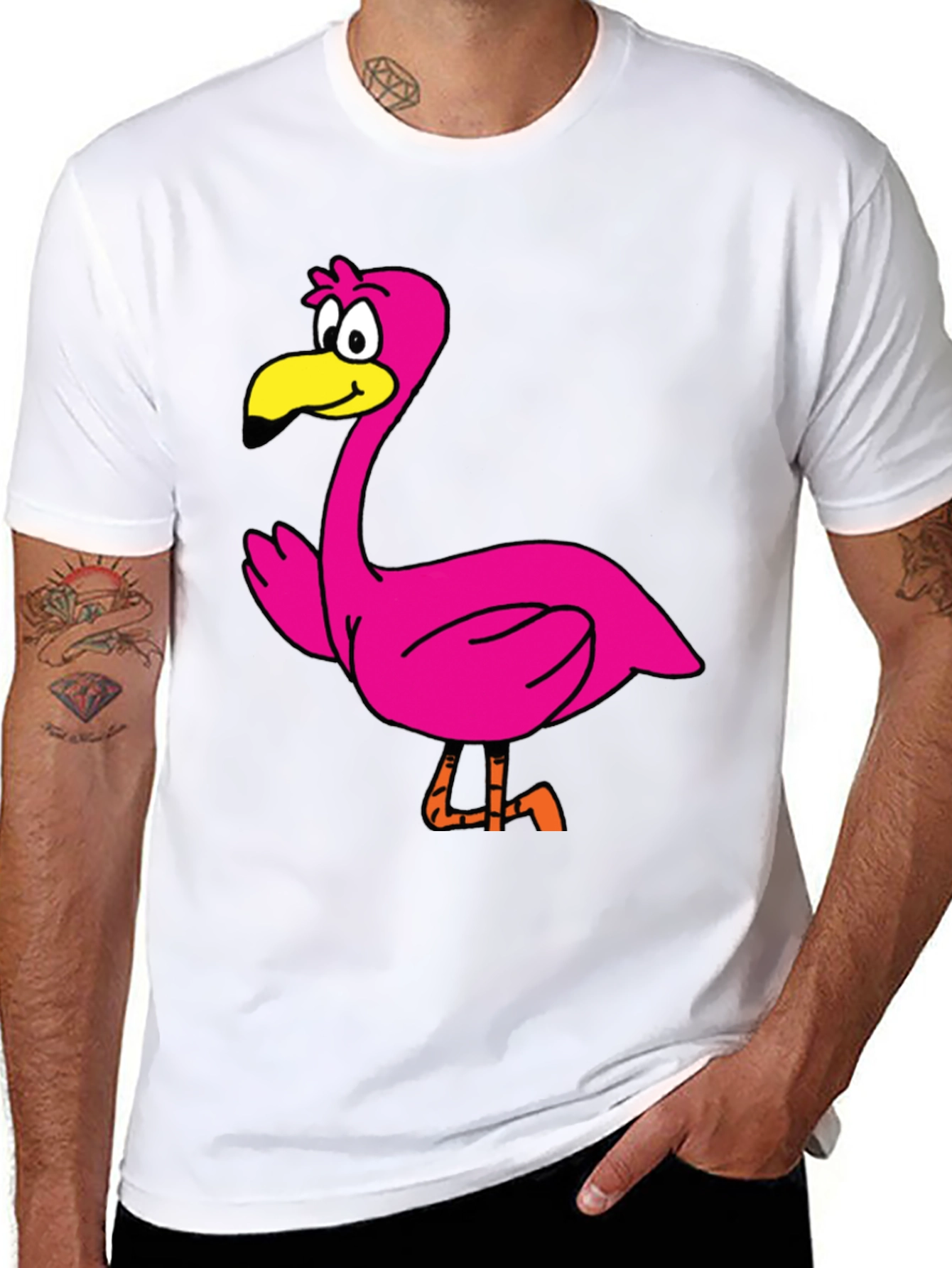 Cartoon Flamingo Graphic Tee - Black Unisex T-Shirt