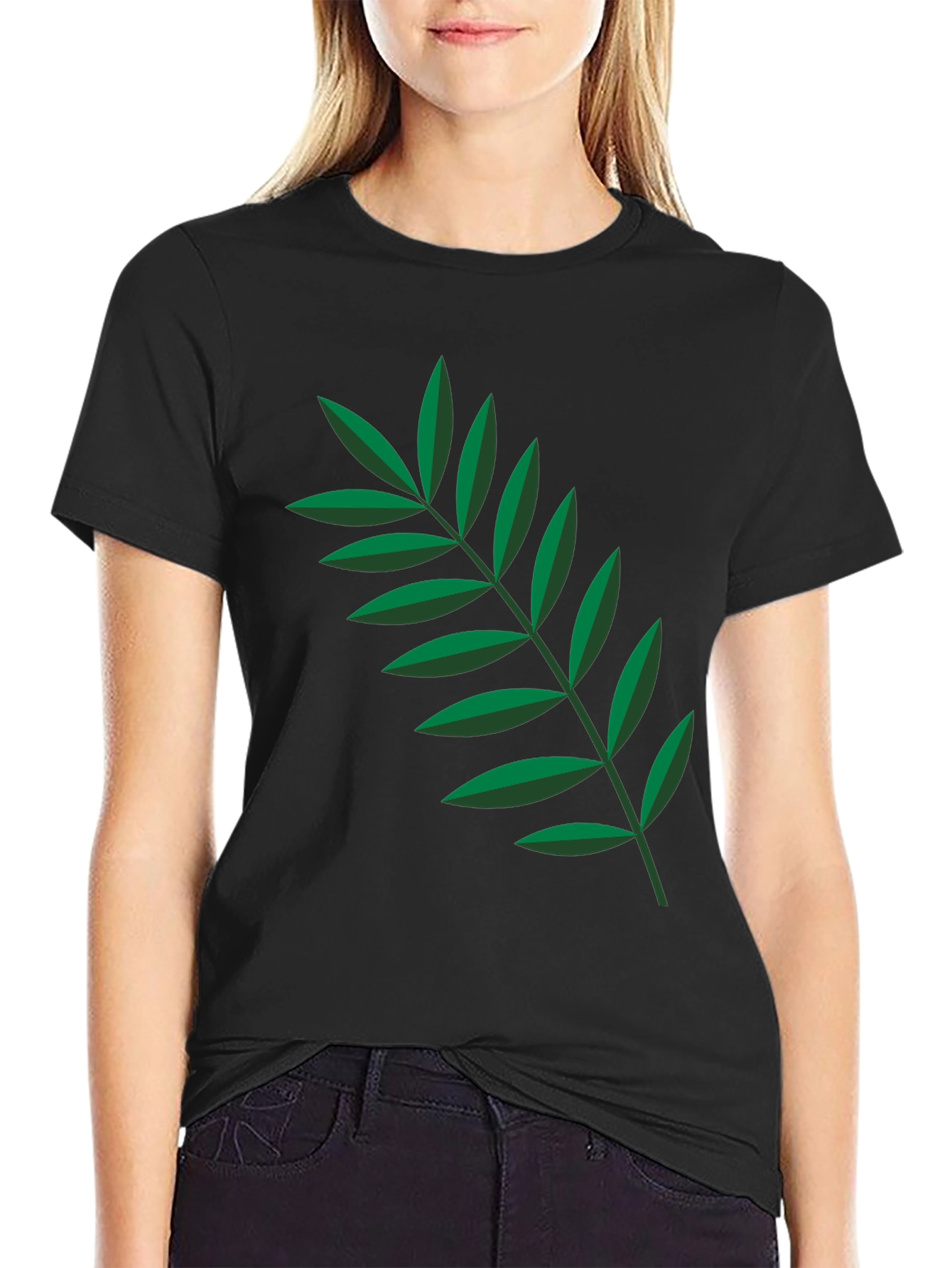 Leaf Print Black Crew Neck Tee