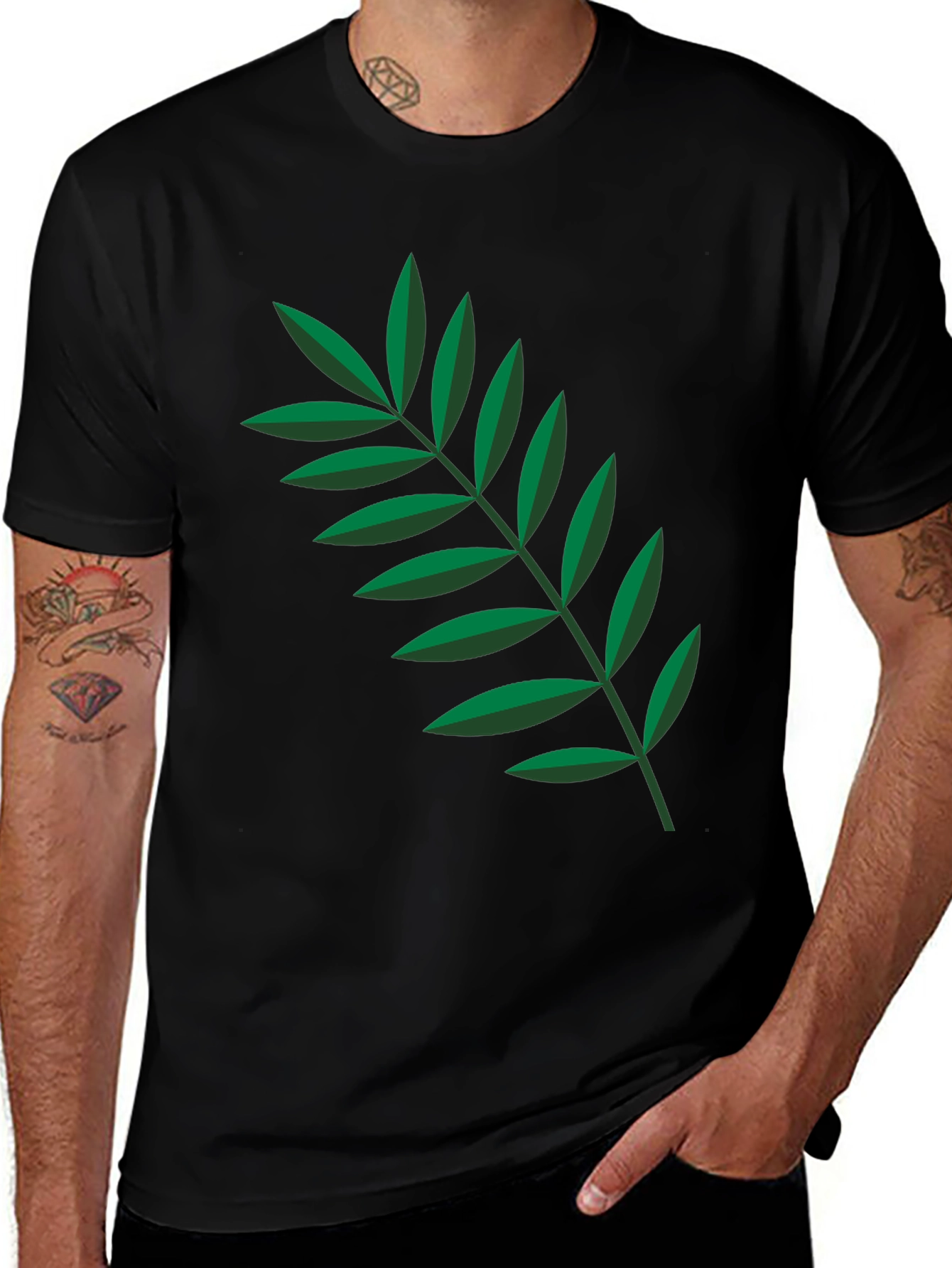 Leaf Print Black Crew Neck Tee