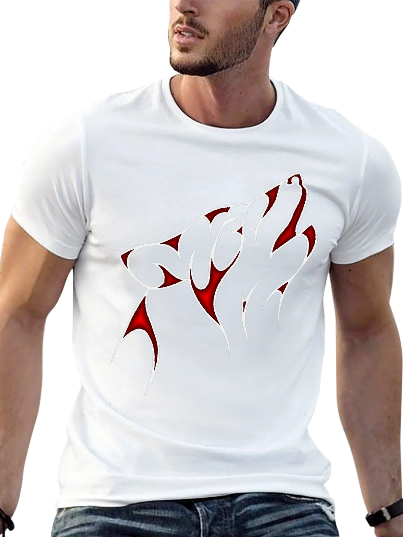 Red & White Wolf Graphic Black T-Shirt