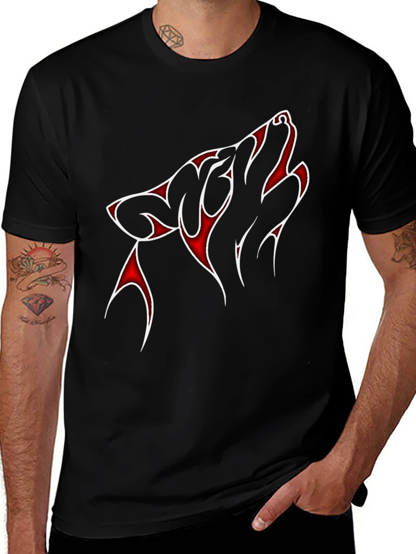 Red & White Wolf Graphic Black T-Shirt