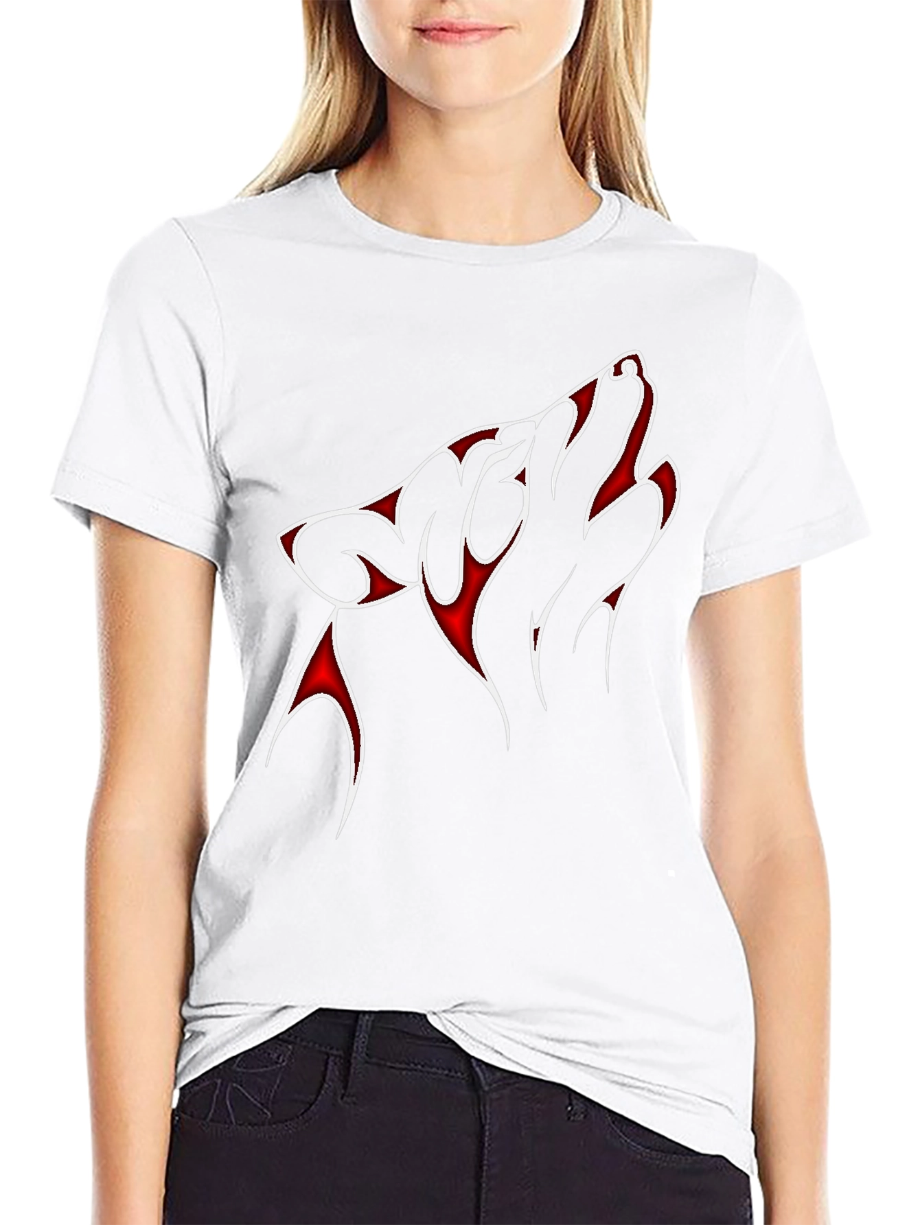 Red & White Wolf Graphic Black T-Shirt