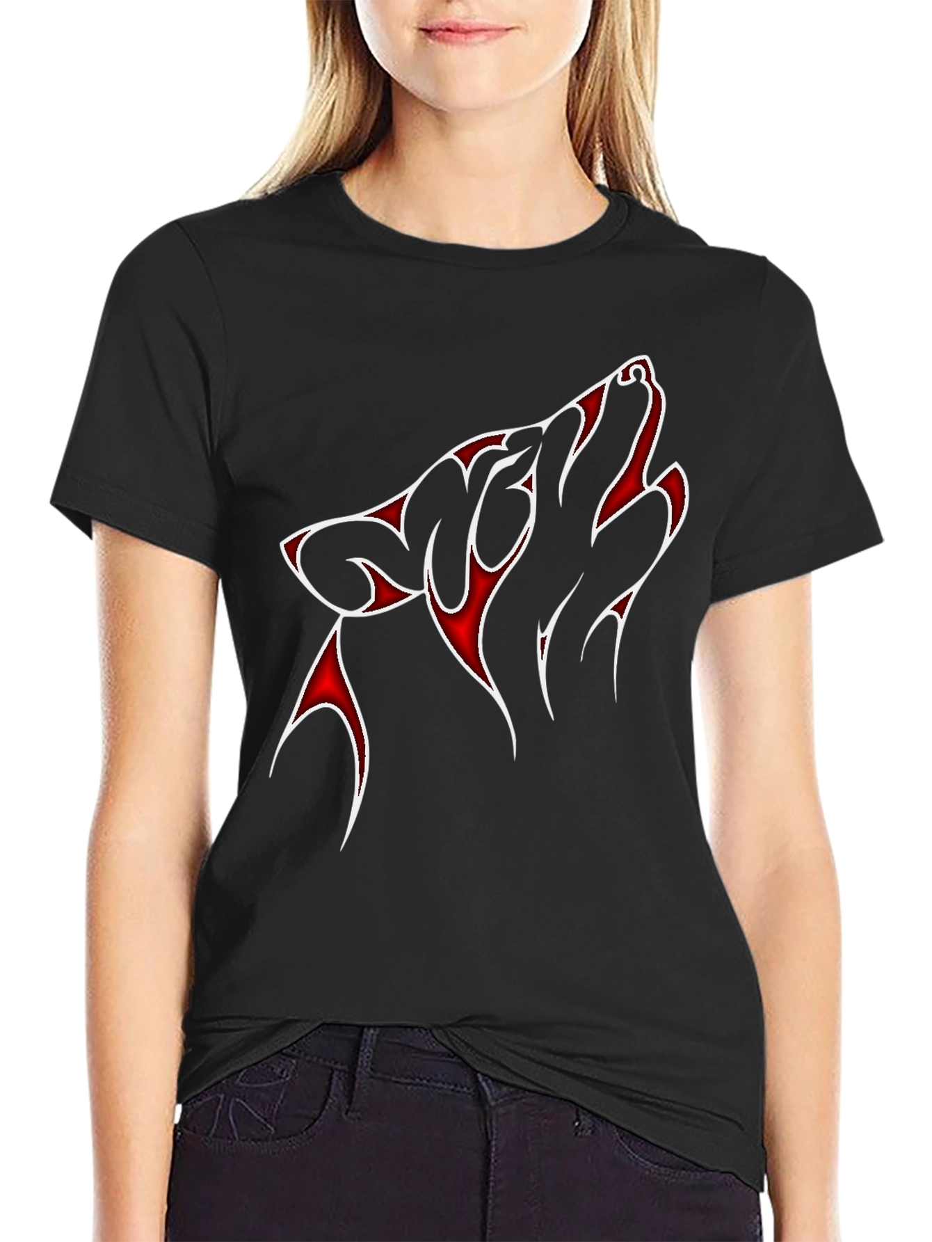 Red & White Wolf Graphic Black T-Shirt