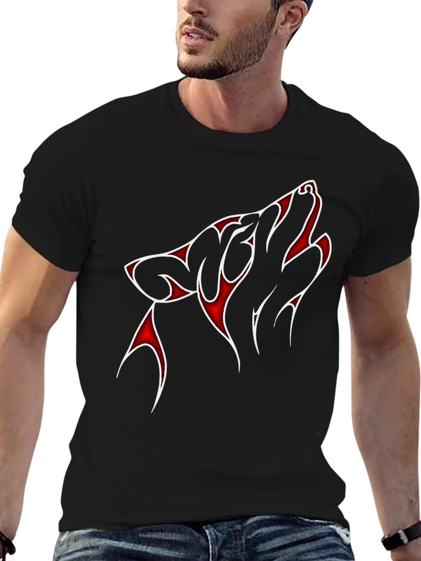 Red & White Wolf Graphic Black T-Shirt