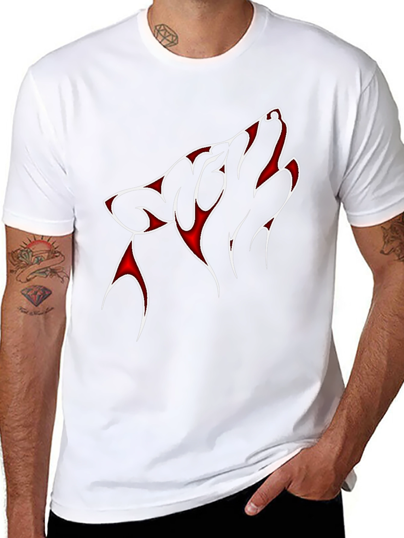 Red & White Wolf Graphic Black T-Shirt