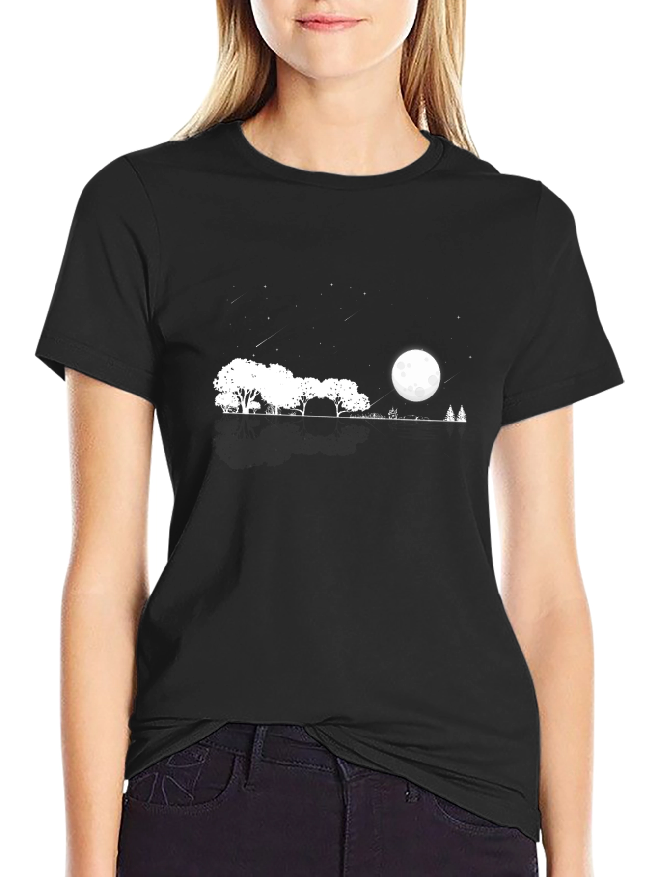 Mens Black T-Shirt with Moonlit Landscape Design