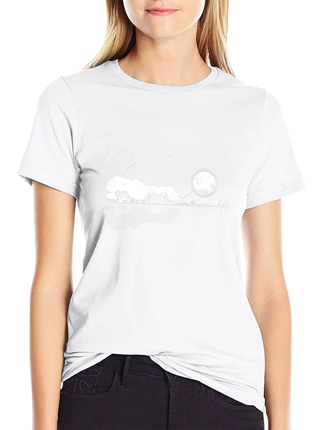Mens Black T-Shirt with Moonlit Landscape Design